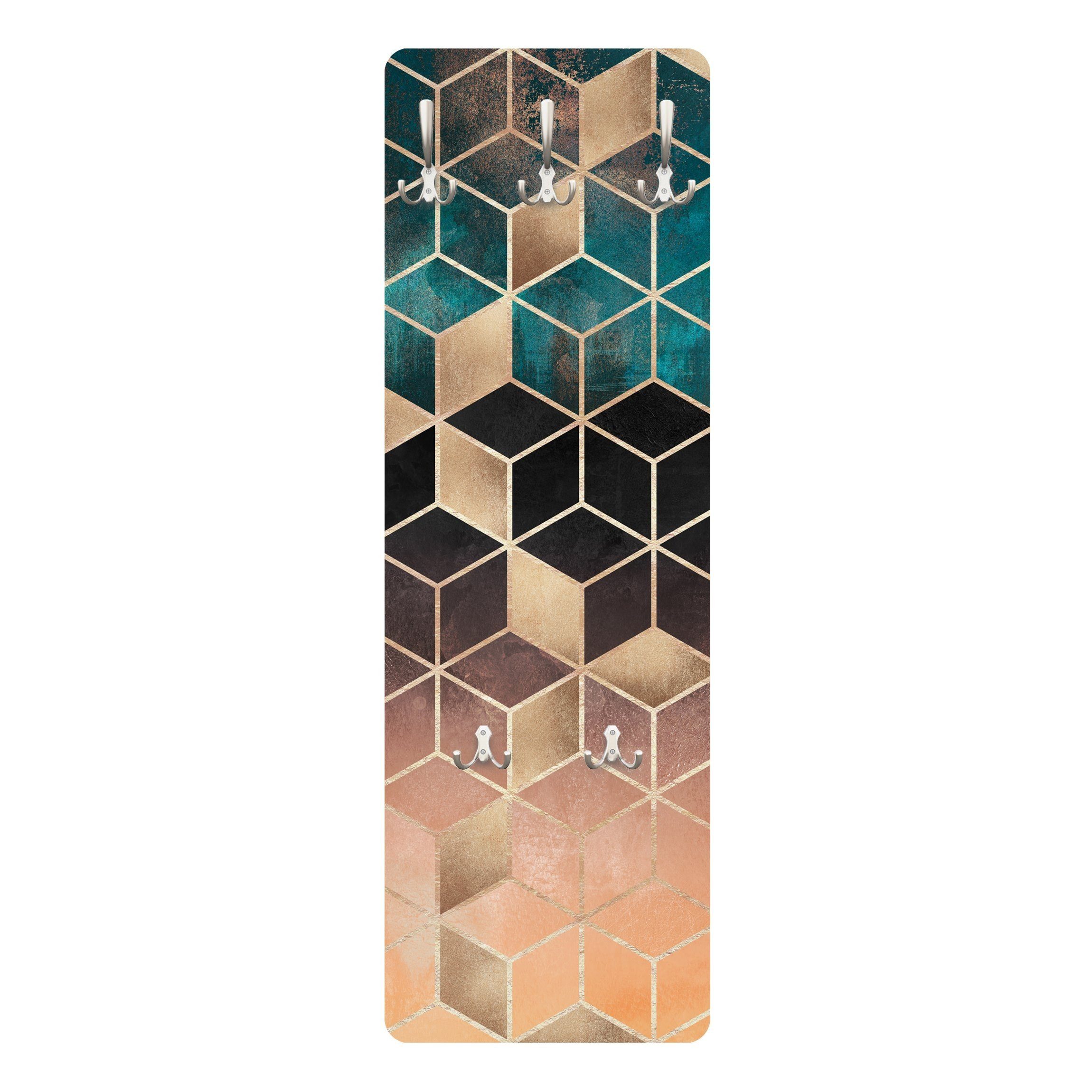 Bilderdepot24 Garderobenpaneel türkis Abstrakt Aquarell Kunst Muster Türkis Rosé goldene Geometrie (ausgefallenes Flur Wandpaneel mit Garderobenhaken Kleiderhaken hängend), moderne Wandgarderobe - Flurgarderobe im schmalen Hakenpaneel Design