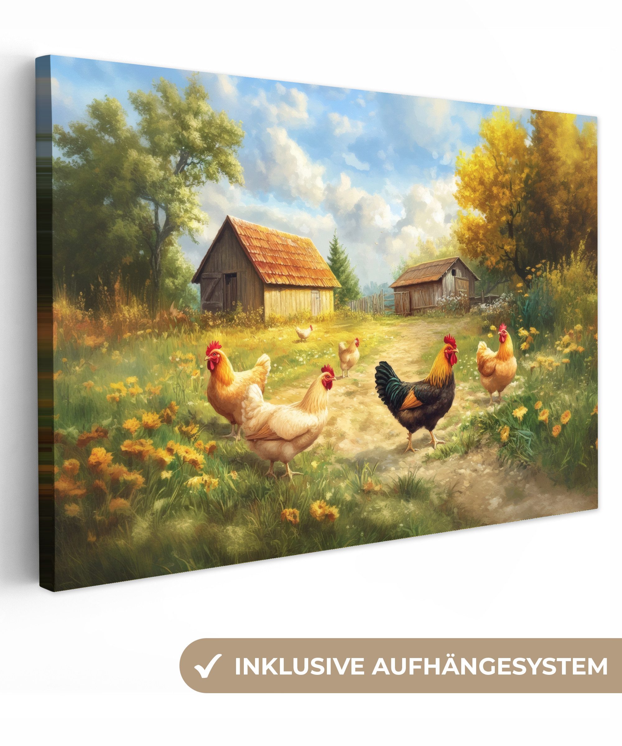OneMillionCanvasses® Leinwandbild Hühner - Ländliche Beschaulichkeit günstig online kaufen