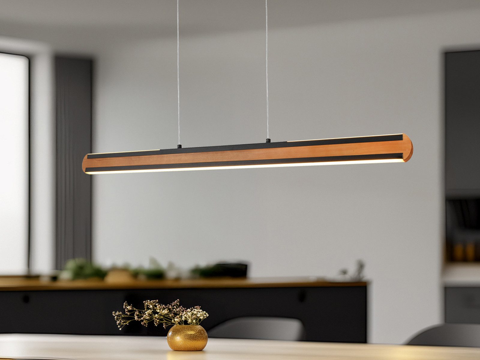 TRIO Leuchten LED Pendelleuchte, Memoryfunktion, LED fest integriert, per Touch dimmbar, Neutralweiß, Tageslichtweiß, Warmweiß, Up and Down Esstisch-Lampe mit Holz und Tageslicht hängend, 110cm lang