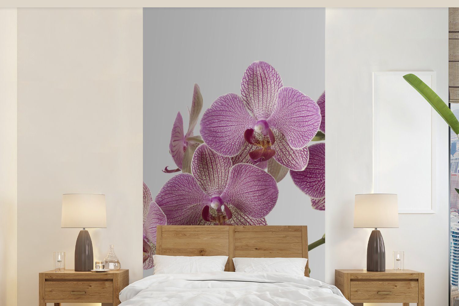 MuchoWow Fototapete Orchideen auf grauem Hintergrund, Matt, bedruckt, (2 St), Vliestapete für Wohnzimmer Schlafzimmer Küche, Fototapete