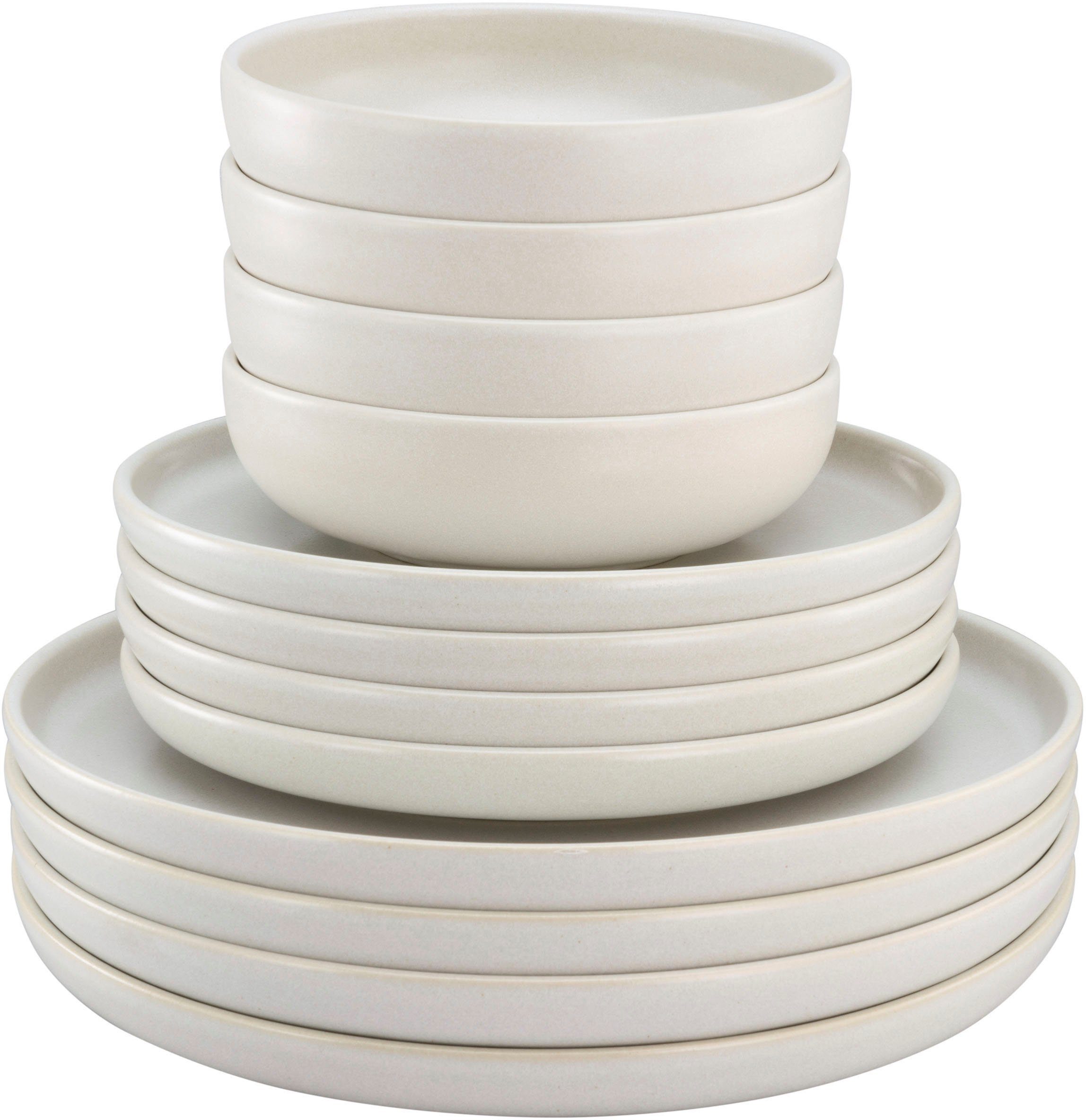 CreaTable Tafelservice Uno (12-tlg), 4 Personen, Steinzeug, Teller Set, weiche, harmonisch ausbalancierte Form
