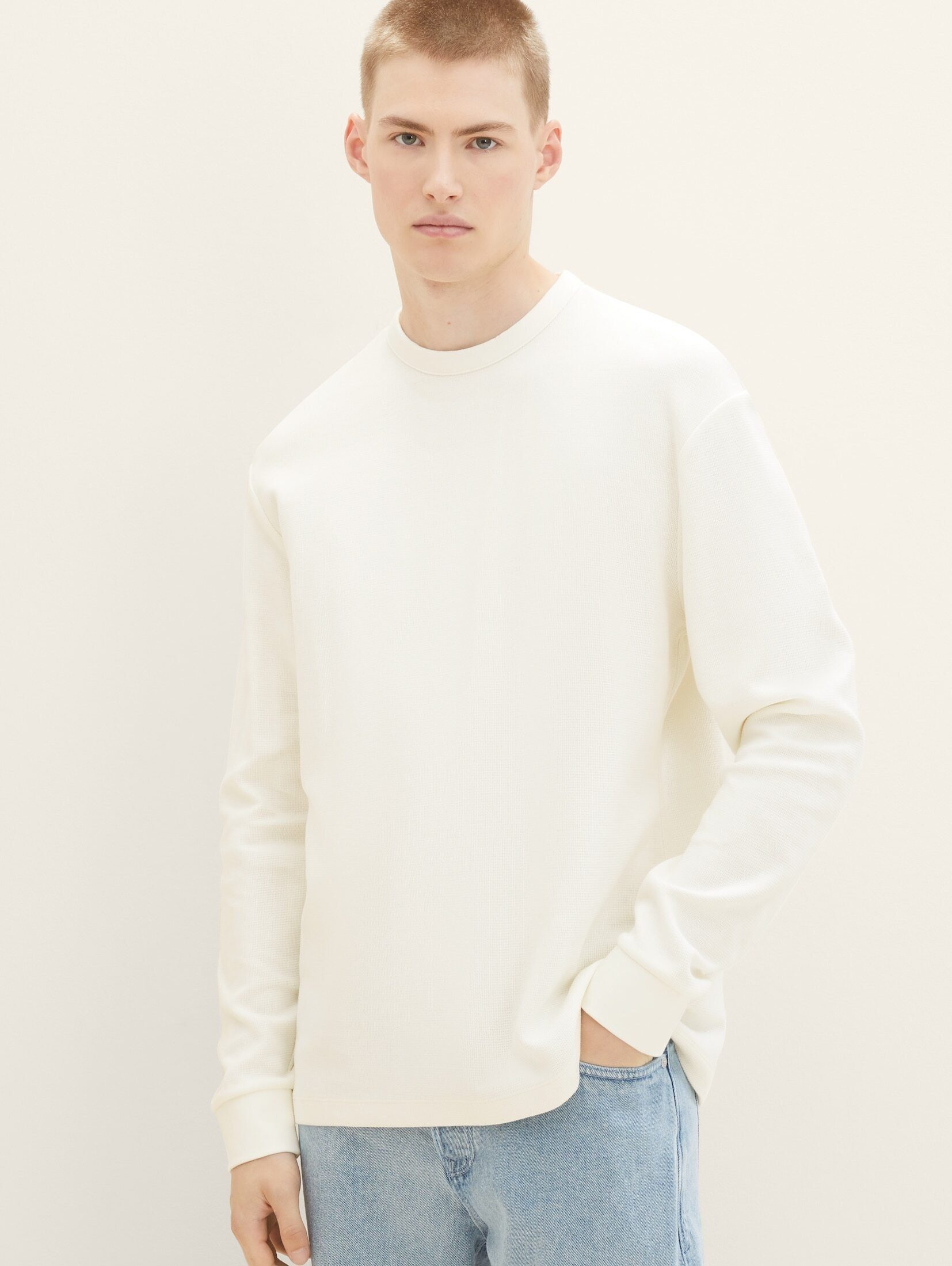 TOM TAILOR Struktur mit Wool T-Shirt White Denim Langarmshirt