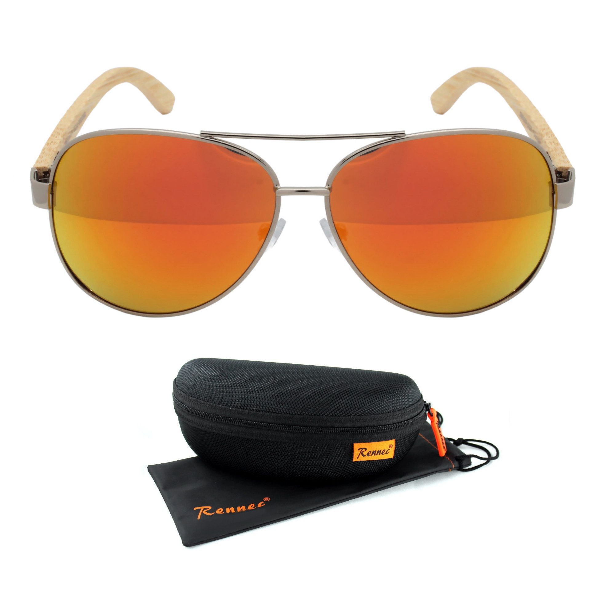 LUXXADA Sonnenbrille (Piloten Sonnenbrille Polarisiert Verspiegelt Blau oder Orange mit Hardcase) Polarisierte Gläser Pilotenbrille mit Bambus Holz Bügeln
