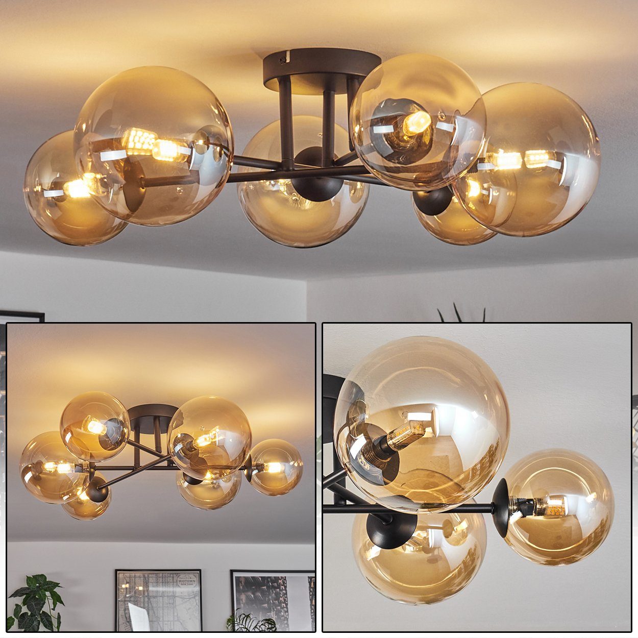 hofstein Deckenleuchte Deckenlampe aus Metall/Glas in Schwarz/Bernstein, oh günstig online kaufen