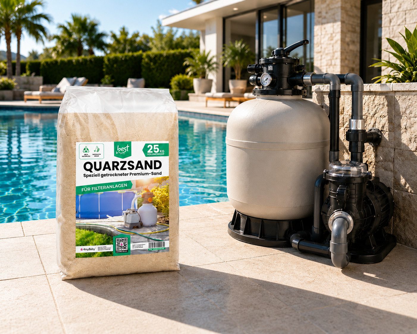 Best for Garden Quarzsand Hochreiner Quarzsand 0,4–0,8 mm für Pool-Sandfilter (Ideal für Pool, Schwimmbad, Swimmingpool, 1-St., 25 kg bis 1000 kg Sackware), – Hochwertiger Sand für Filteranlagen.