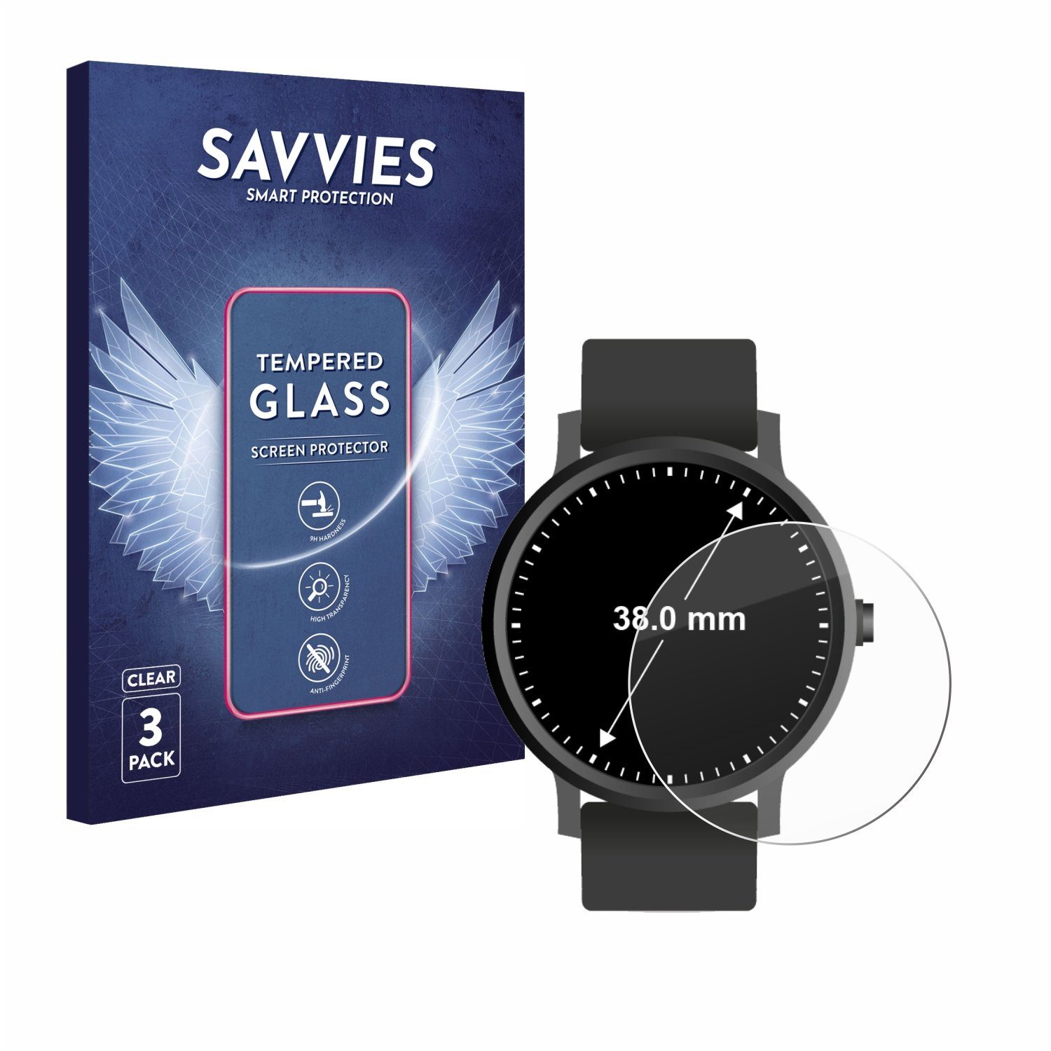 Savvies Displayschutzglas Schutzglas für Armbanduhren (Kreisrund, ø: 38 mm), 3 Stück, Displayschutz 9H Glas Klar Transparent
