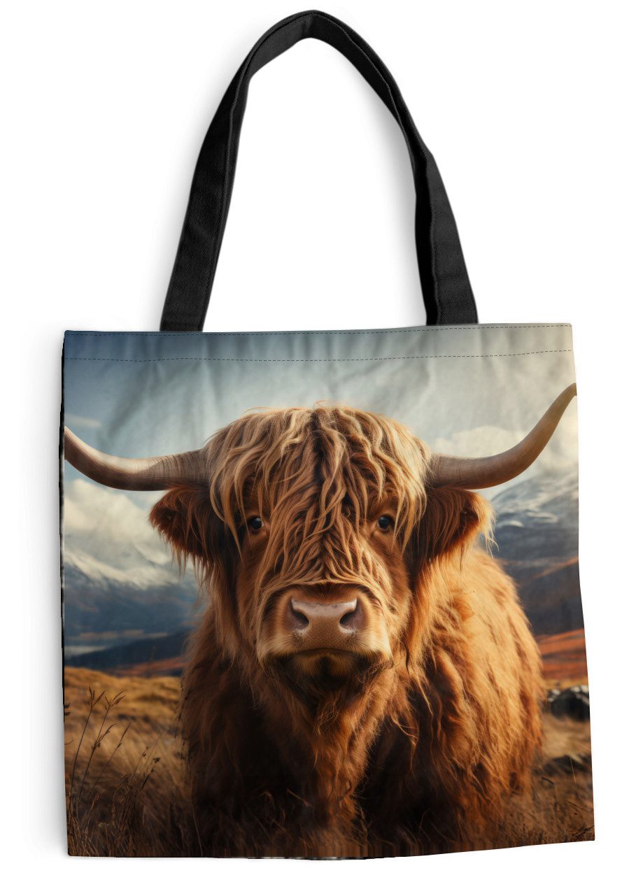MuchoWow Shopper Schottische Highlander - Hörner - Berge - Landschaft, Handtasche, Damen und Herren, Schultertasche, Umhängetasche, Tote Bag