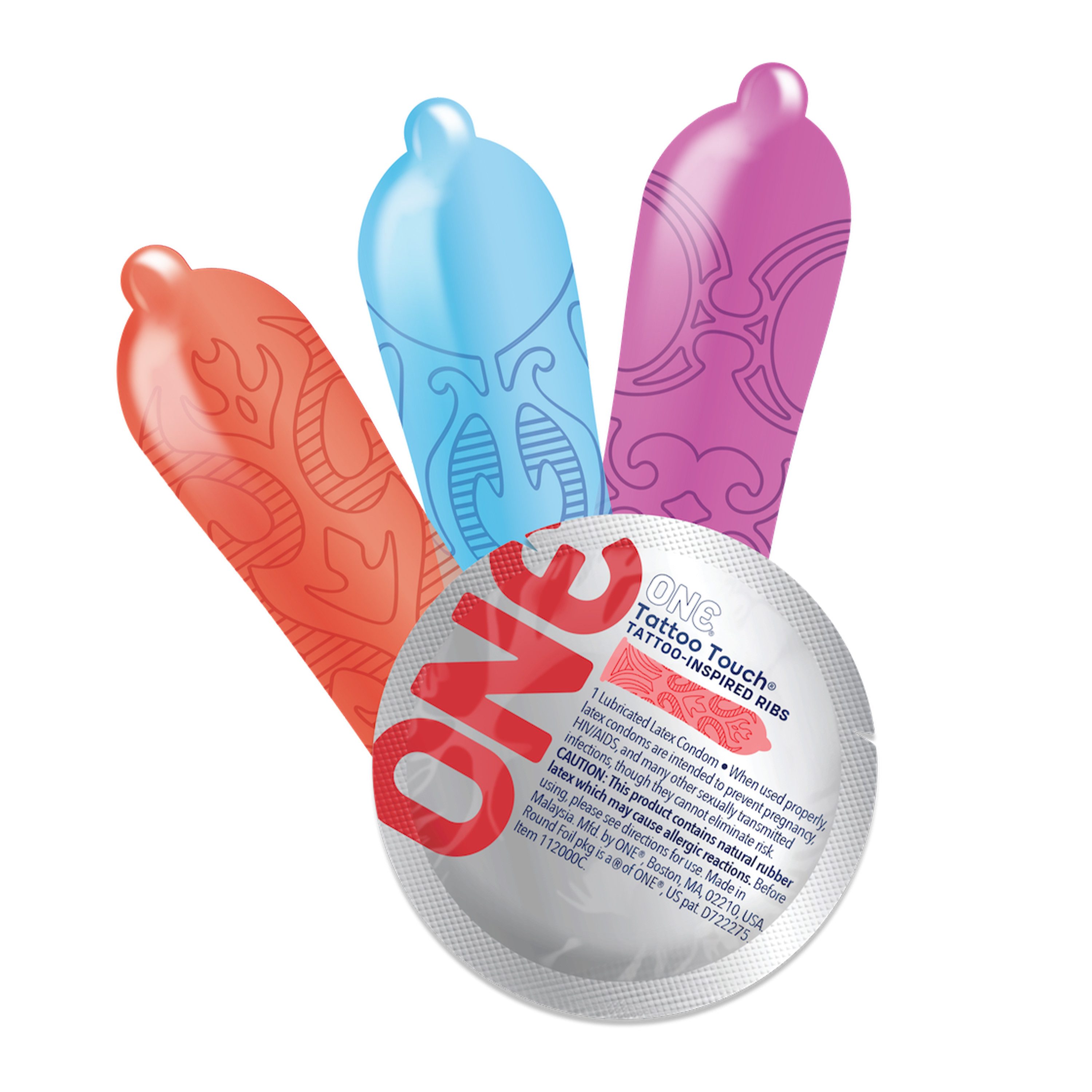 ONE Kondome Tattoo Touch Packung mit, 12 St., gemusterte Kondome mit Tattoo-Design auf dem Kondom, vegan & ohne schädlichen Inhaltsstoffe