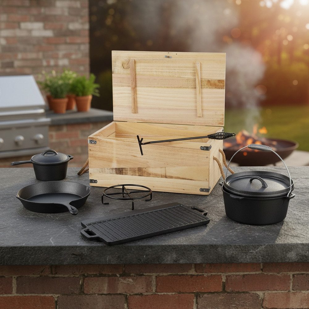 Feel2Home Feuertopf Dutch Oven Kochkessel Set 7 tlg. Outdoorküche Schmortopf Suppentopf, Gusseisen (Stück, 7-tlg., Premium-Set), Deckelheber