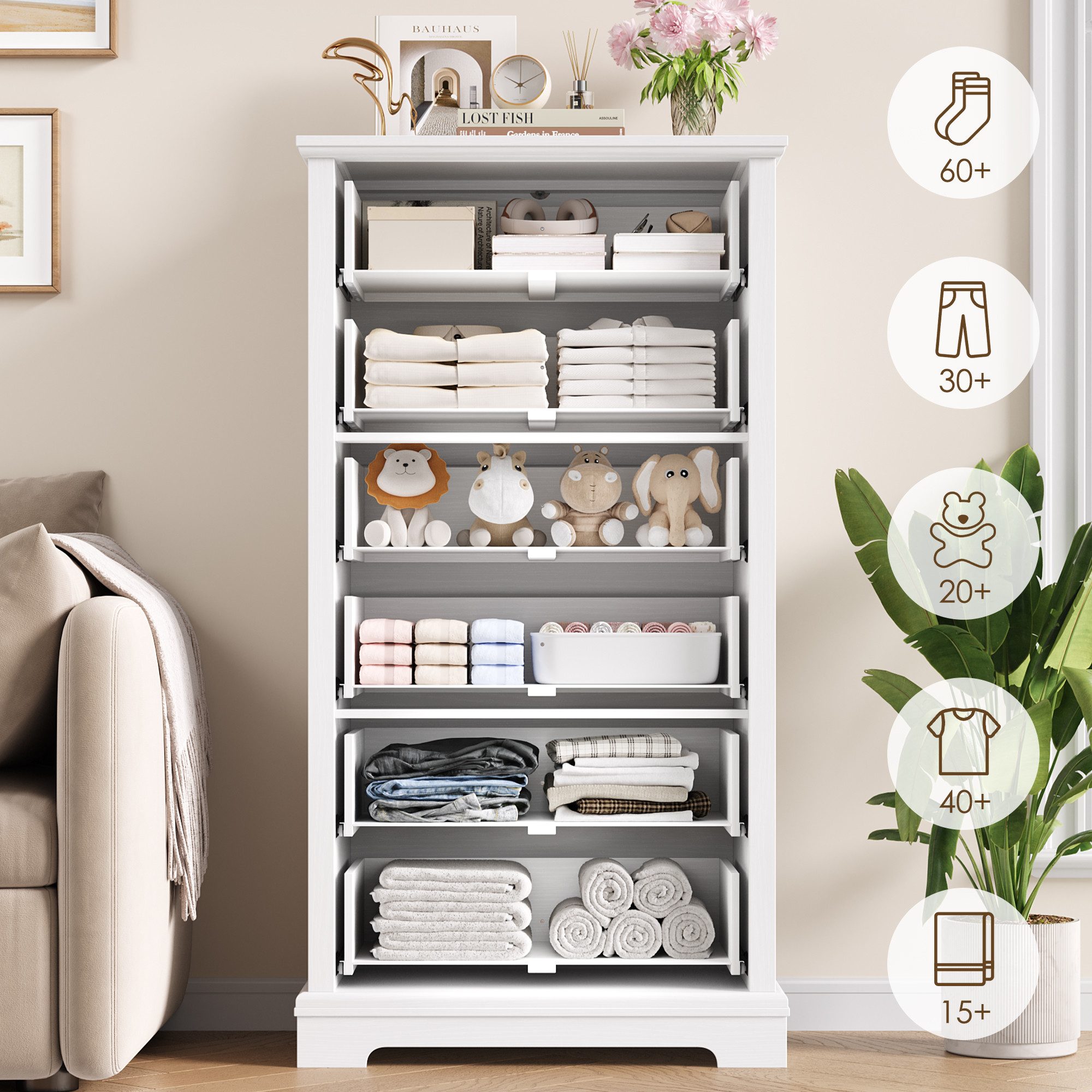 HOMECHO Hochkommode, 131cm Hoch Kommode mit 6 Schubladen, Weiß