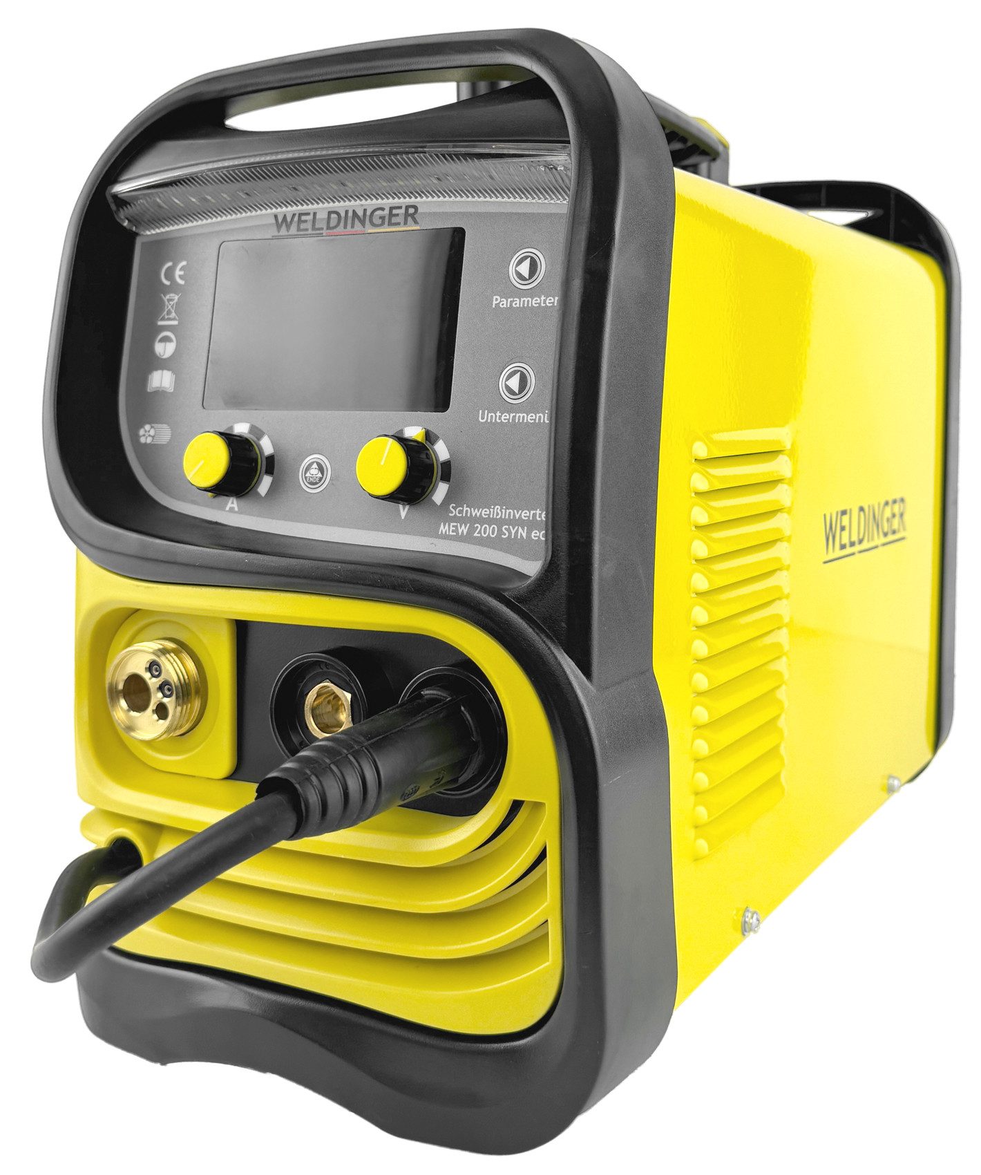 WELDINGER Schutzgasschweißgerät Set MIG/MAG-Schweißinverter MEW 200 SYN eco MAG-Set 1 Fülldraht 0,8 mm, 10 - 200 A, 7-tlg., Umpolfunktion, Displaybeleuchtung