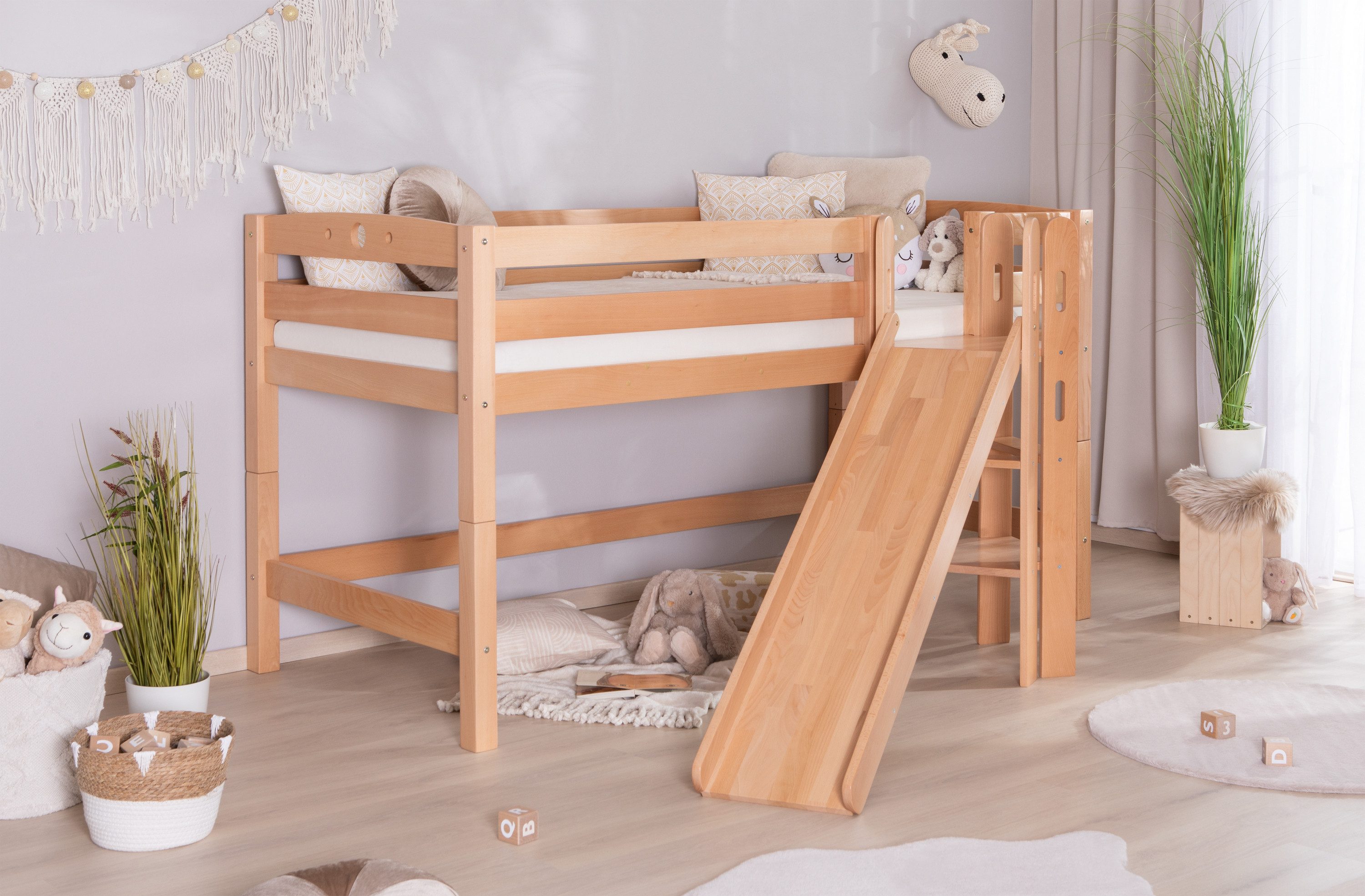 Ticaa Hochbett Hochbett mit Rutsche Podestbett "Tino" Buche Natur