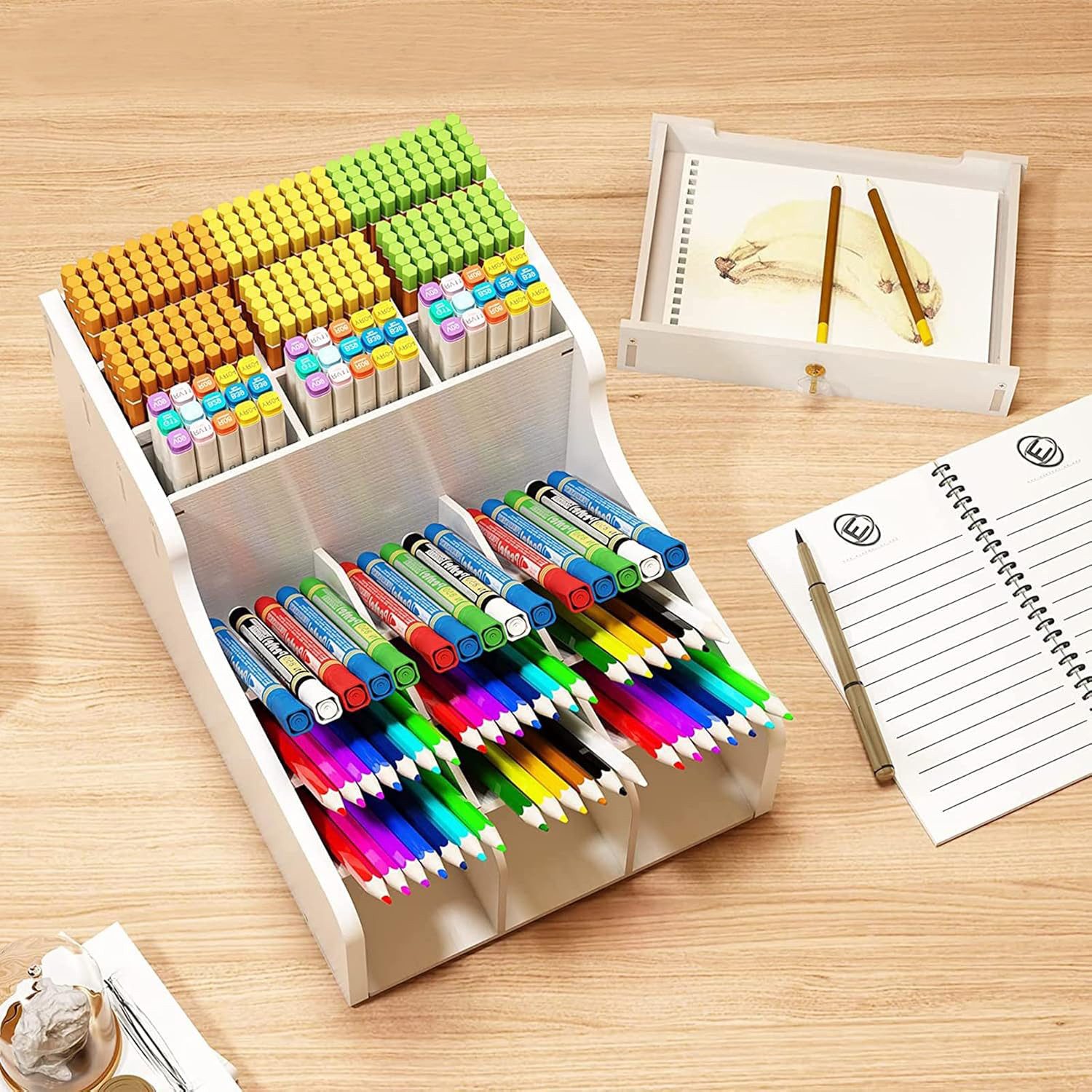 OKWISH Organizer Stifteköcher Multifunktionale Desktop Schreibwaren Stifthalterbox (28x15x32 cm platzsparend und multifunktional, 1 St., 9x Kippfächer 6x Fächer mit flachem Boden 1x ausziehbare Schublade), Marker Halter für Büro Schule Kosmetik Aufbewahrung