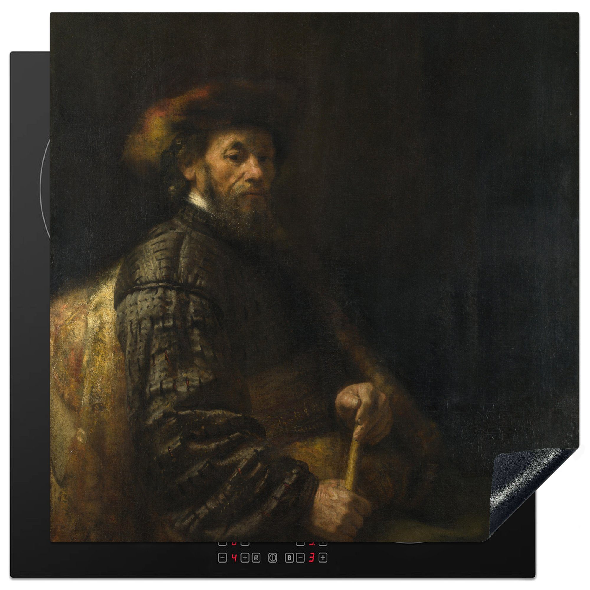 MuchoWow Herdblende-/Abdeckplatte Sitzender Mann mit Stock - Gemälde von Rembrandt van Rijn, Vinyl, (1 tlg), 78x78 cm, Ceranfeldabdeckung, Arbeitsplatte für küche