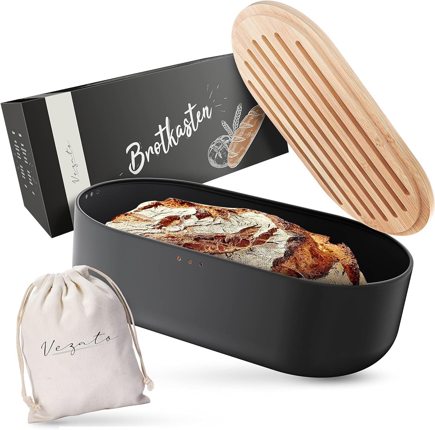 Vezato Brotkasten Brotbox – Nachhaltiger Brotkasten für lange Frische, Bambus, Metall, (Set, mit Tragetasche), 3 Luftlöcher für 360° Luftzirkulation