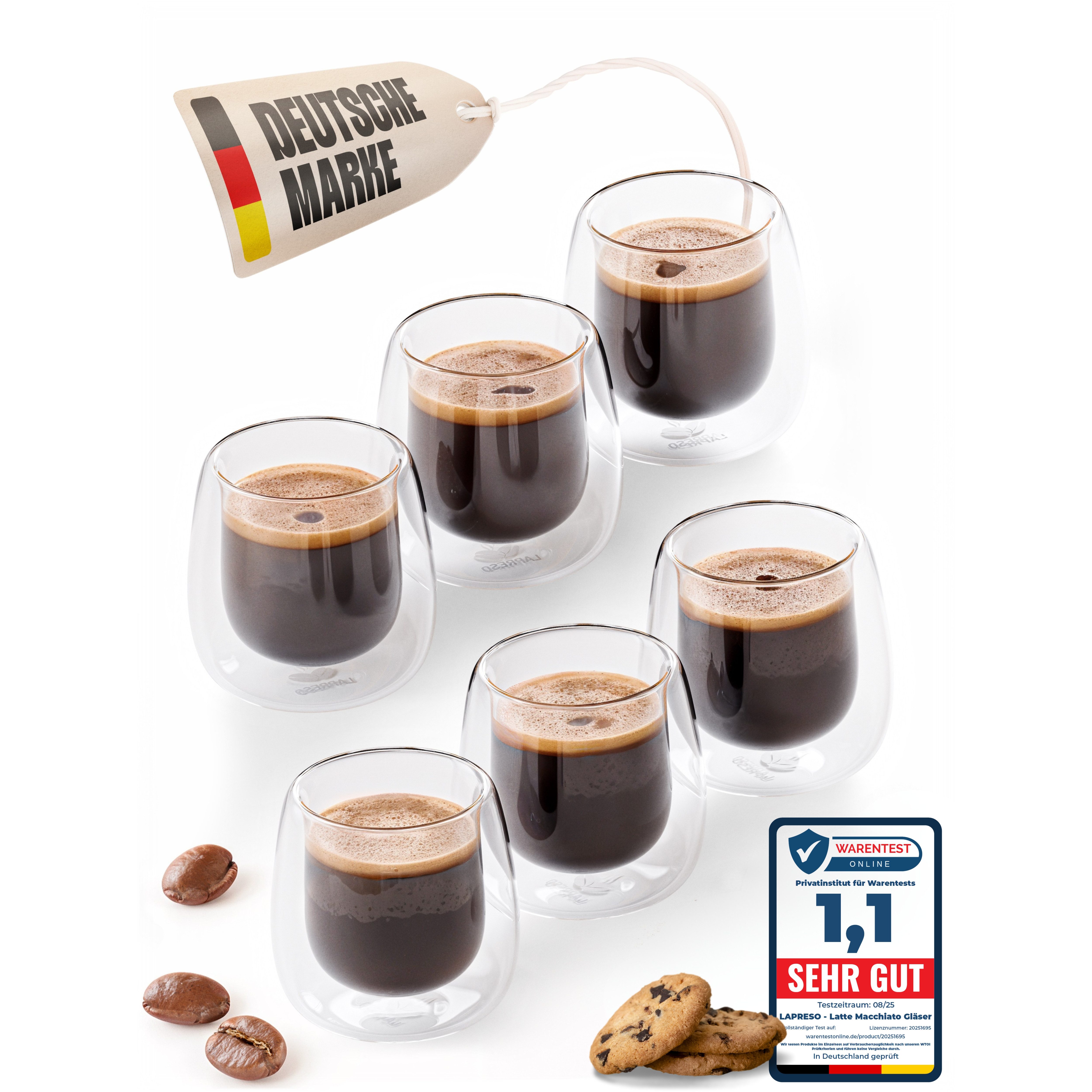 LAPRESO Espressoglas Doppelwandig Thermogläser Кофейные стаканы Set 80 ml, Borosilikatglas, 6er Set