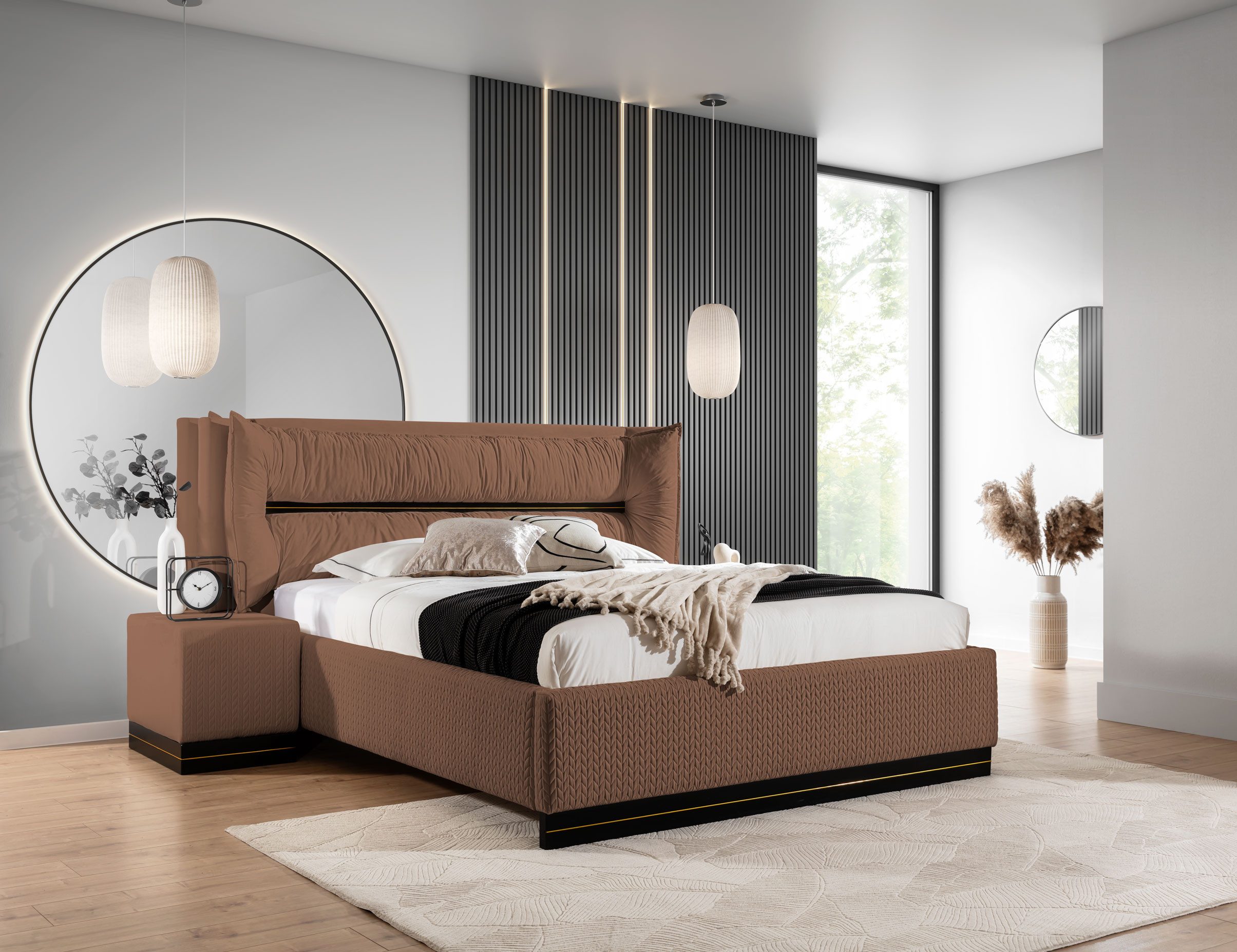 Fun Möbel Polsterbett Schlafzimmerbett HAMILTON in Stoff Magic Velvet (mit Bettkasten und 2 x Nachttisch, mit oder ohne Matratze), Gepolstertes Kopfteil