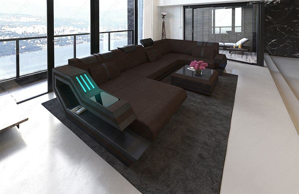 Dreams Sofa H Form Couch Polsterstoff U Ravenna wahlweise mit Strukturstoff Bettfunktion braun-schwarz Stoff Sofa Stoffsofa, Wohnlandschaft