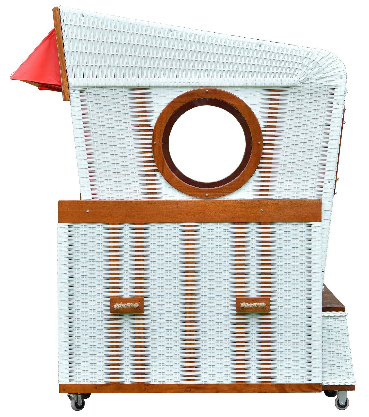 deVries Strandkorb Strandkorb 6-Sitzer 200x158x207 Modell Nordsee-Strandkorb, BxTxH: Sitzbänken, großer Mahagoni Gosch-Lounge, cm, Staufächer, - und - rot/weiß, Tisch Panoramafenster, weiß PE Bullaugen