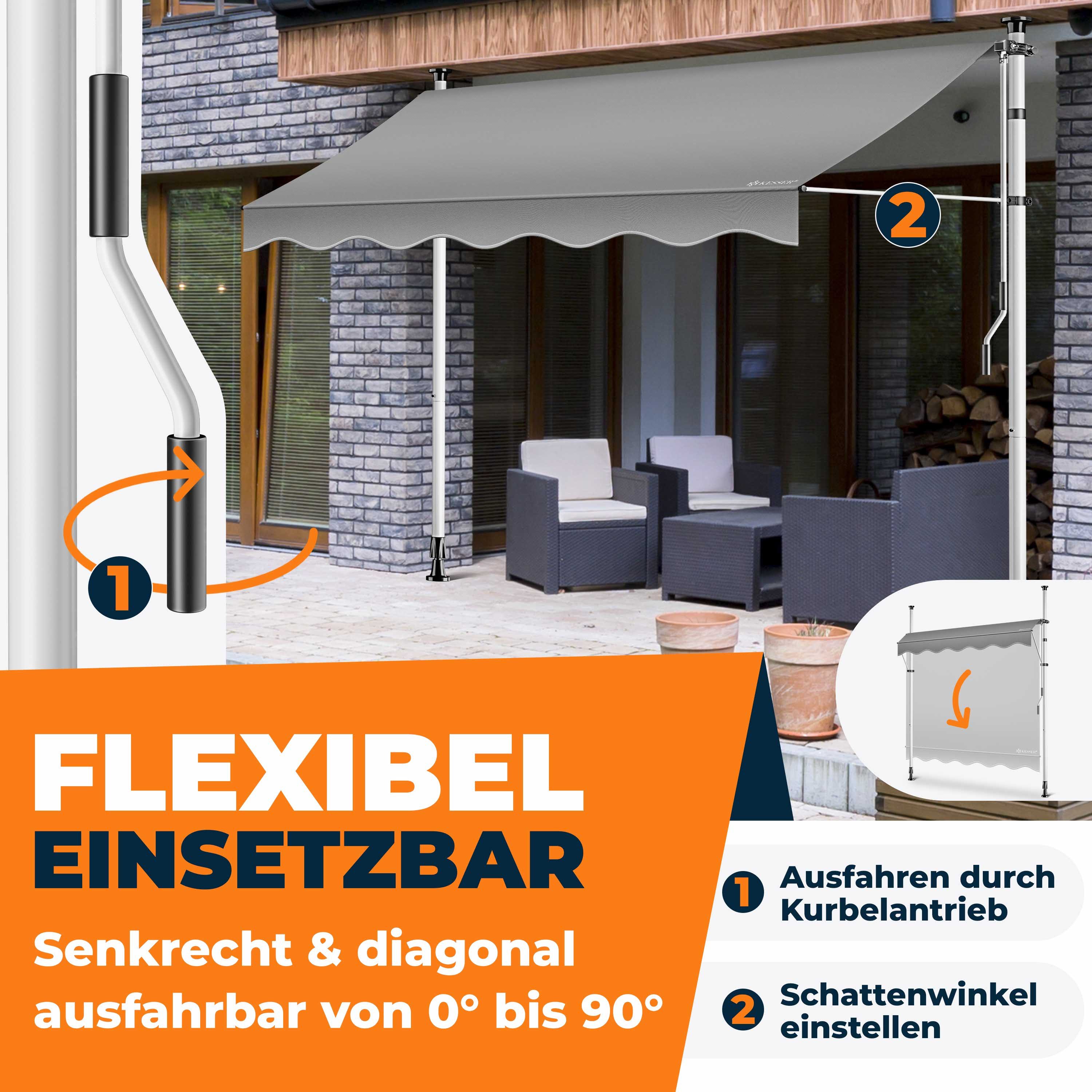 KESSER Klemmmarkise mit Handkurbel & LED, 150x180cm Balkonmarkise ohne Bohren UV-Beständig (Markise + solarbetriebene LED Lichterkette, höhenverstellbar 176-305cm) Sicht- & Sonnenschutz für Balkon Terrasse & Garten, wasserabweisend