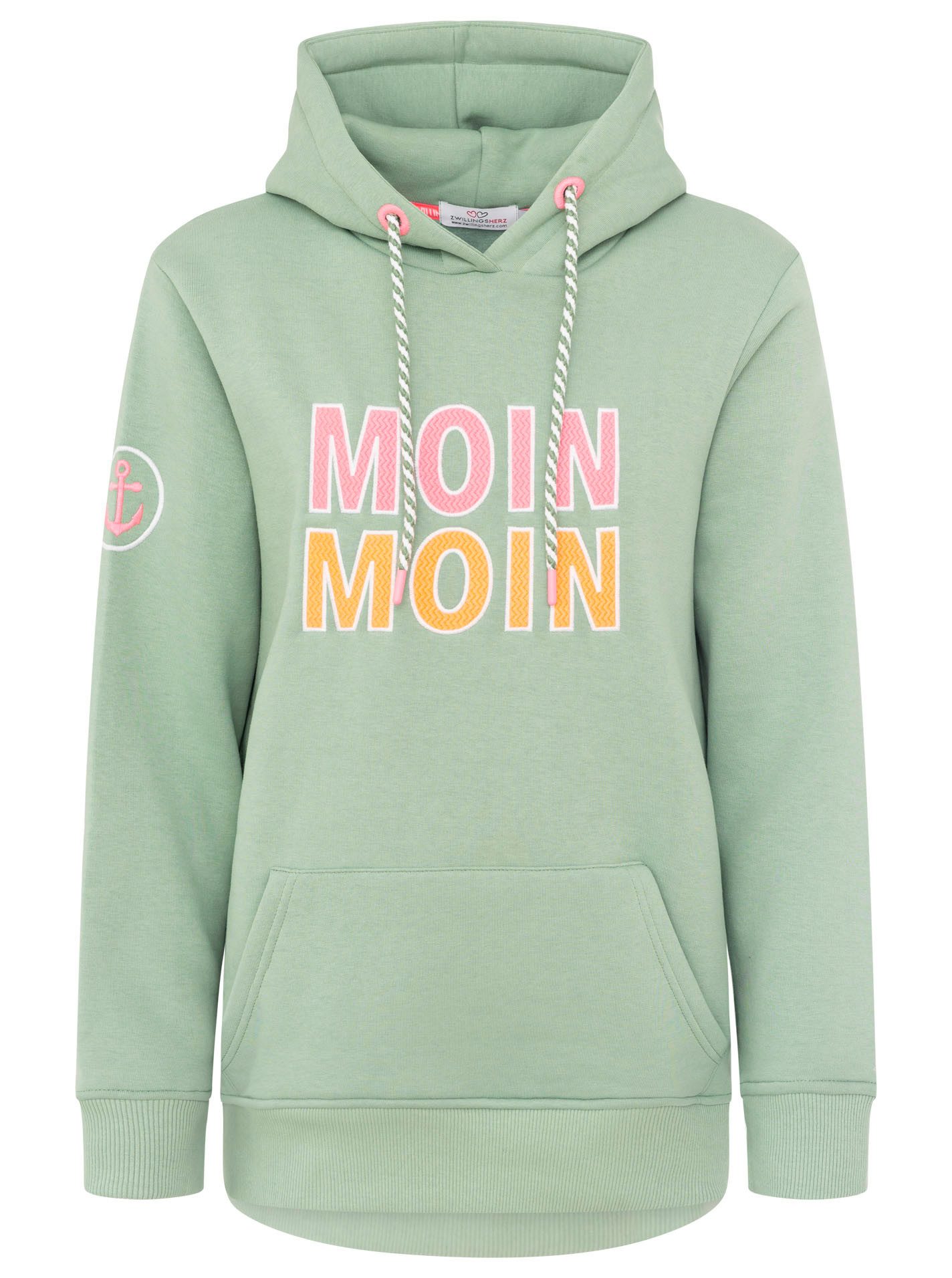 Zwillingsherz Hoodie "Moin Moin" auffälliges Front Logo, Anker am Arm, Kapuze mit Kordel, Kängurutasche