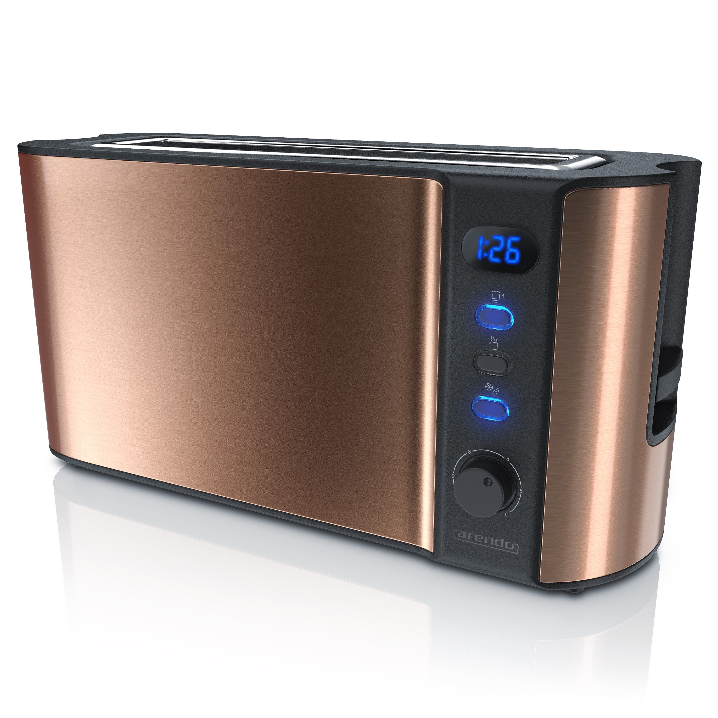 Arendo Toaster Langschlitz, Edelstahl, Display mit Restzeitanzeige, Brötchenaufsatz, 1 langer Schlitz, für 2 Scheiben, 1000 W, Defrost Funktion, Wärmeisolierendes Gehäuse, Krümelschublade