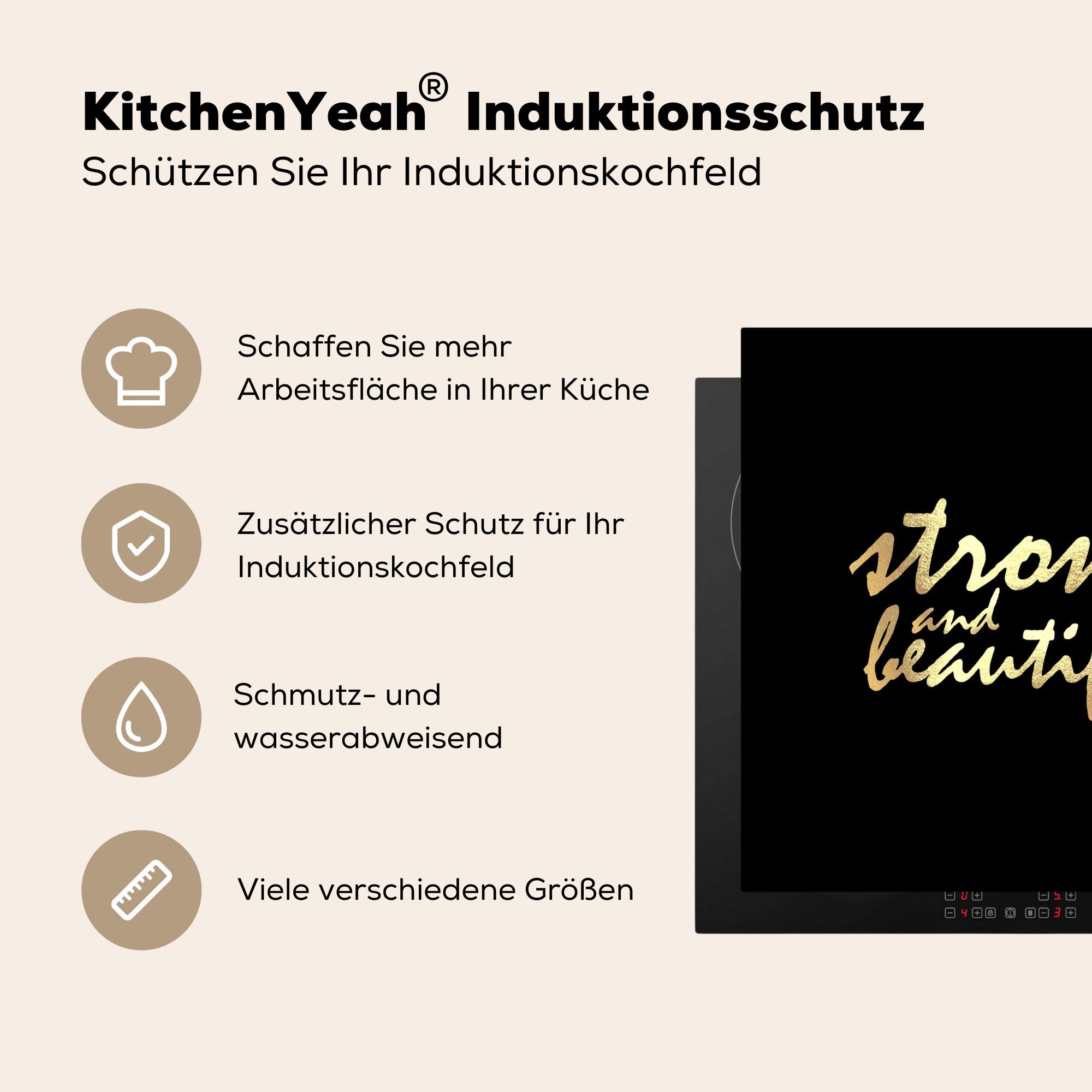 MuchoWow Herdblende-/Abdeckplatte Zitate - Ceranfeldabdeckung, für Vinyl, küche Schwarz Motivation (1 Gold, Arbeitsplatte cm, - tlg), - 78x78