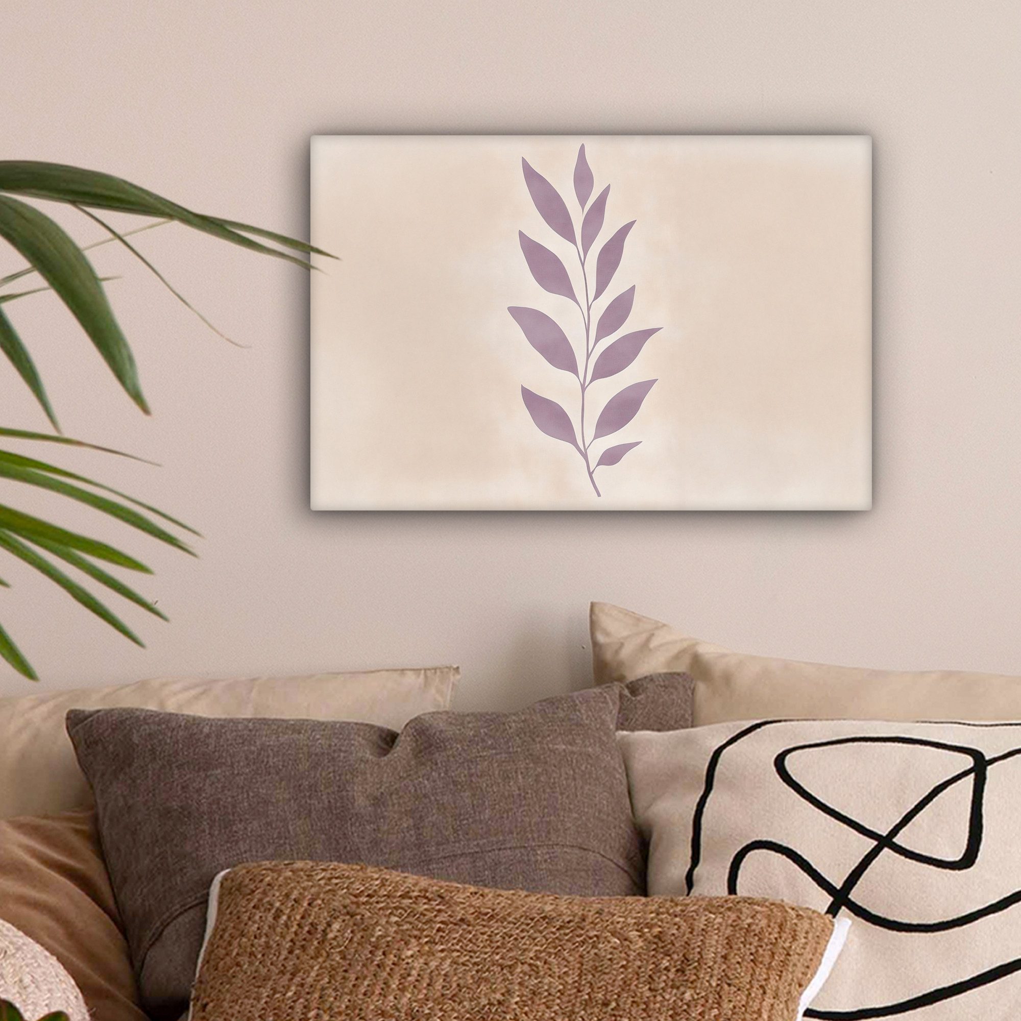 OneMillionCanvasses® Leinwandbild Zweig - Blätter - Minimalistisch - Beige, Fotodruck (1 St), Leinwand Bilder Klein, Wand Dekoration Aesthetic 30x20 cm