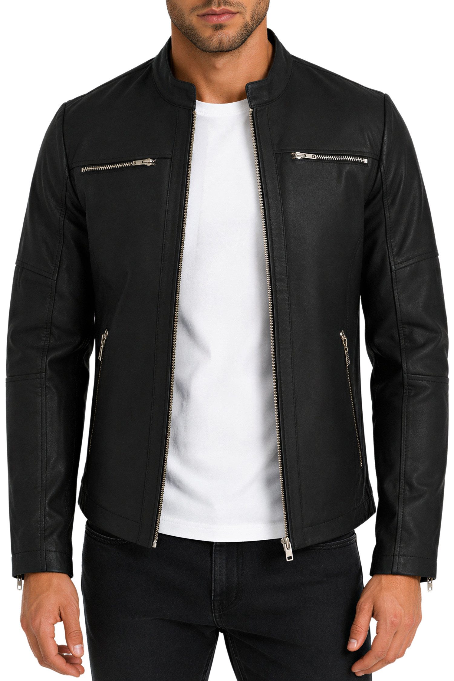 Reichstadt Lederjacke Herren Slim Fit Bikerjacke Silver Zipper 20RS20LUX Reißverschluss an den Ärmelenden