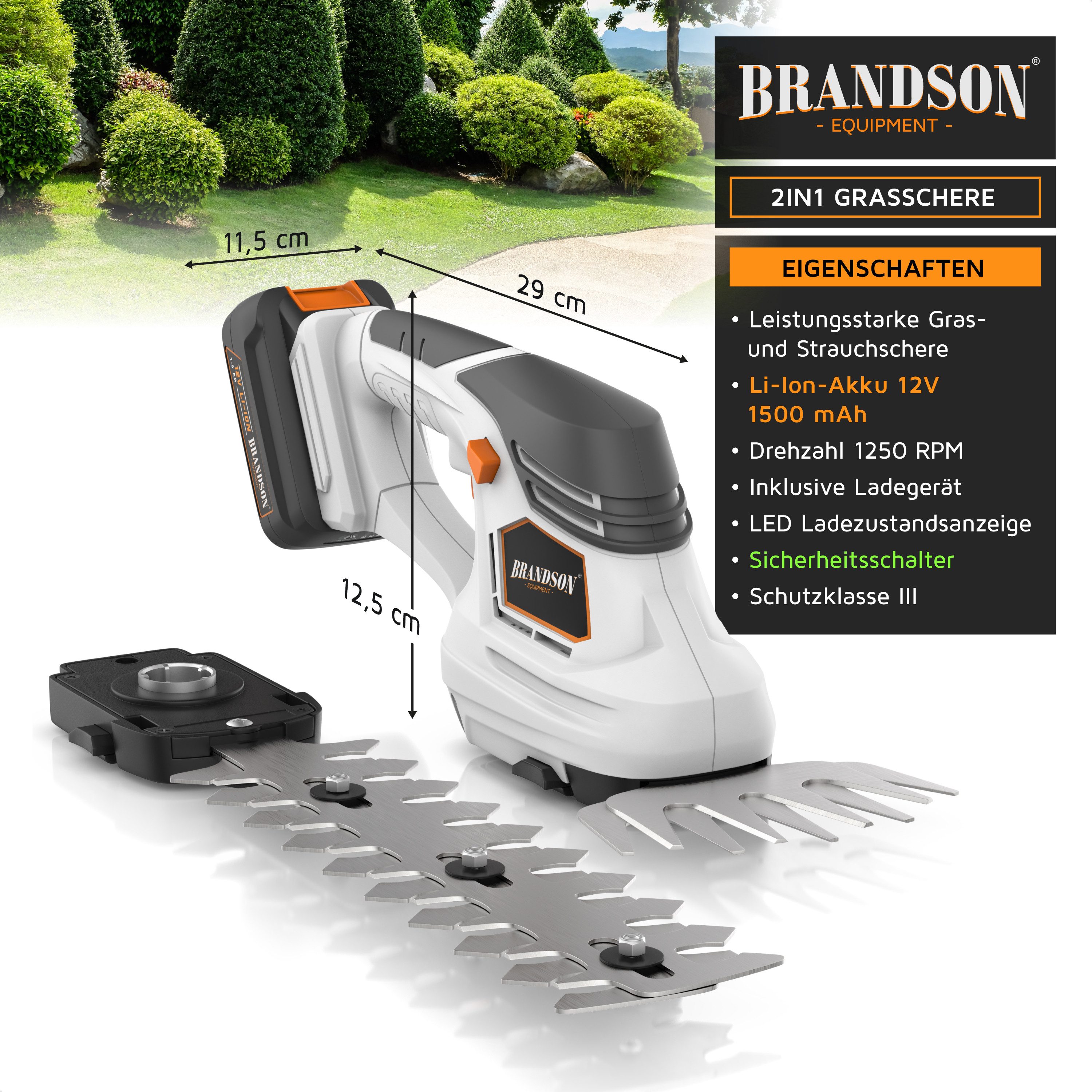 Brandson Akku-Grasschere 2in1 mit Grasmesser und Strauchmesser, inkl. Akku und Ladegerät, bis 1,3 m Arbeitshöhe, Garten Strauchschere, Elektrogartenschere für Rasen, Sträucher