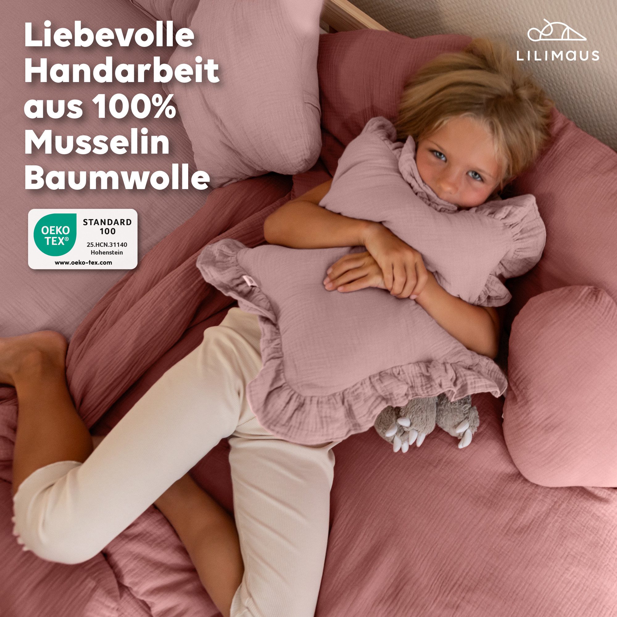 lilimaus Dekokissen Kuschelkissen Herz & Stern aus Musselin fürs Kinderzimmer, Kuschelkissen mit & ohne Füllung - passend zu Betthimmel & Bettwäsche