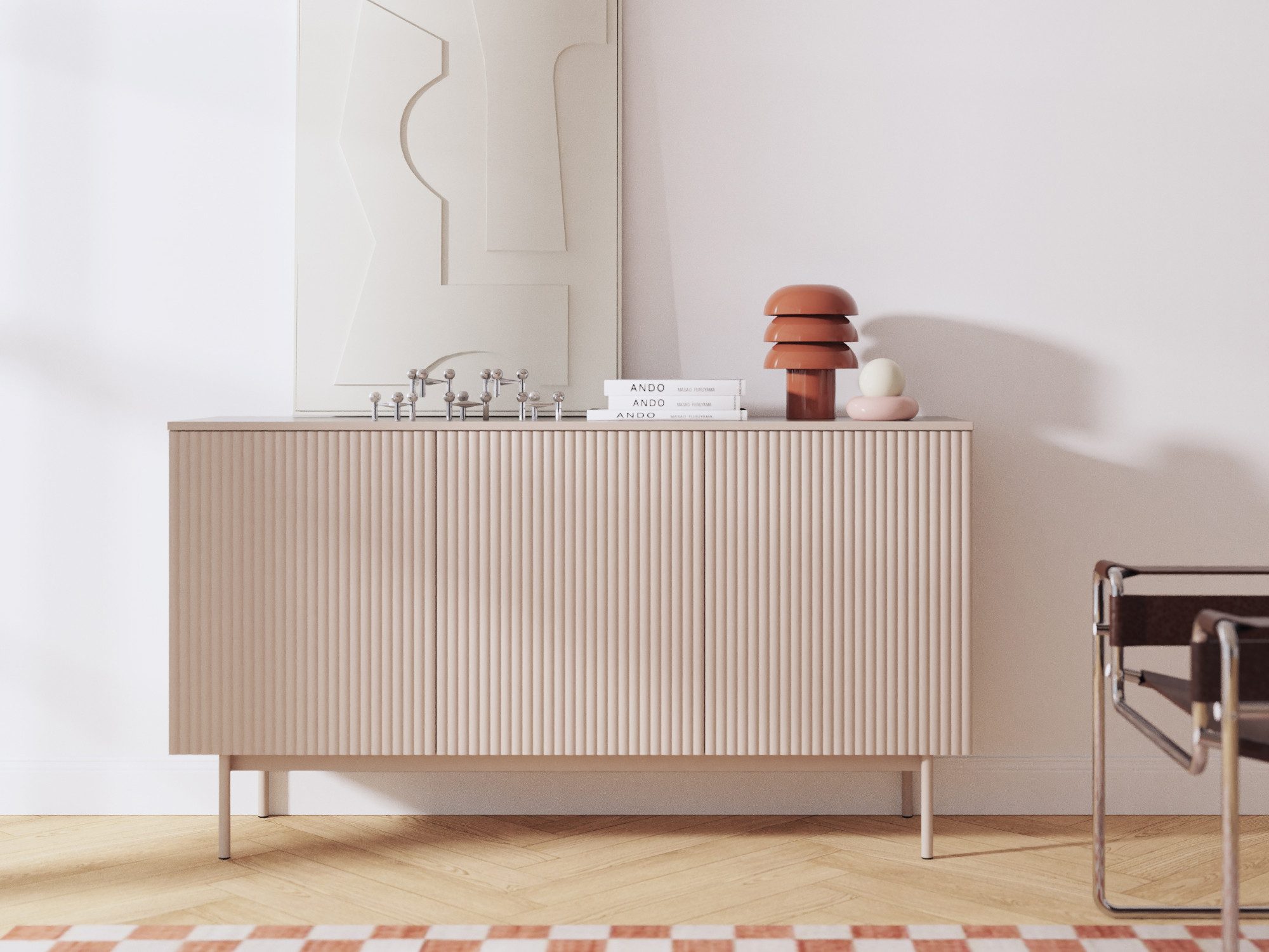 Beautysofa Kommode Soft, Rillenfronten mit Push-to-Open (mit 3 Türen mit Einlegeböden, In der trendigen Farbe Kaschmir), Breite: 150 cm