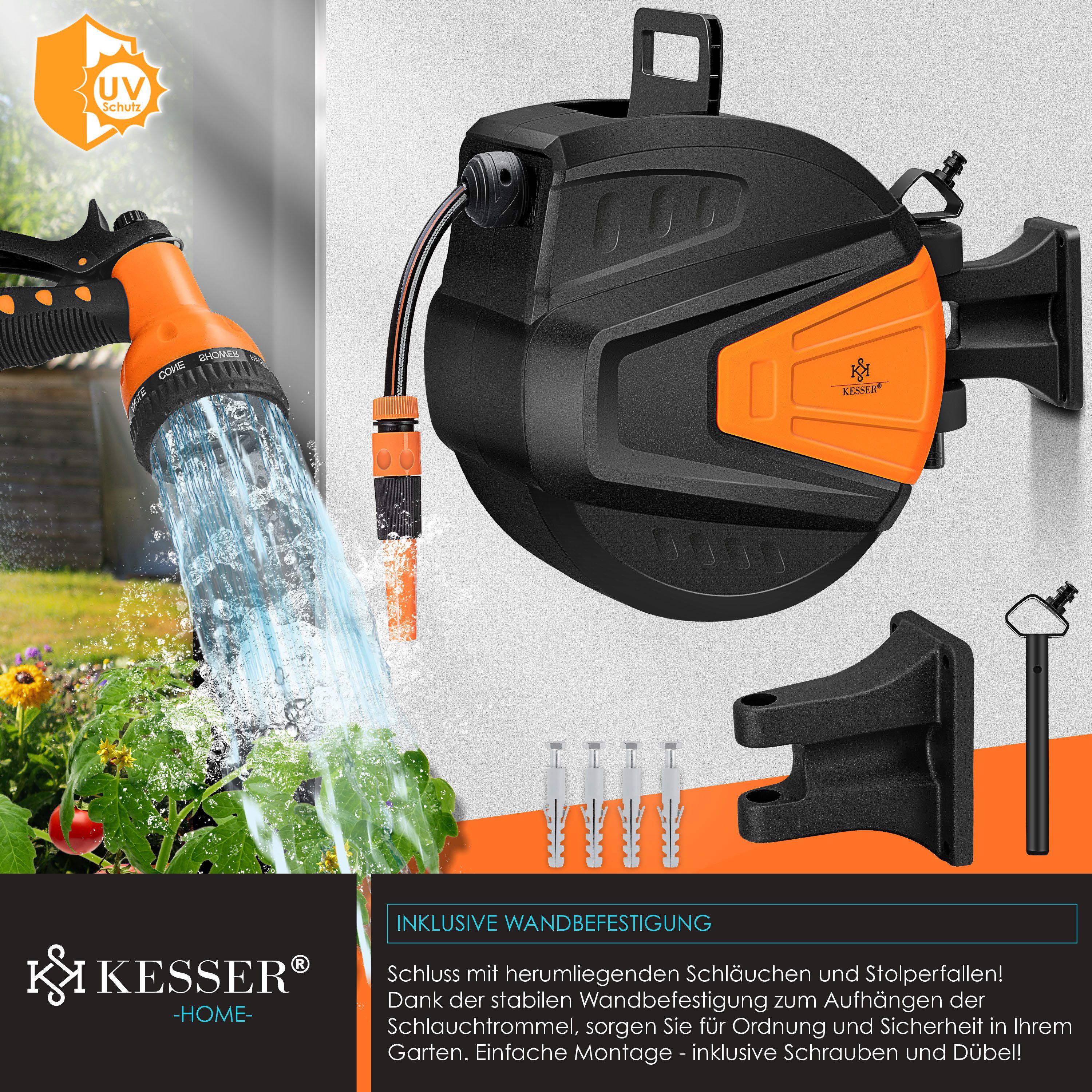 KESSER Gartenschlauch, Schlauchtrommel Wasser Schlauchaufroller + 2-Wege-Verteiler