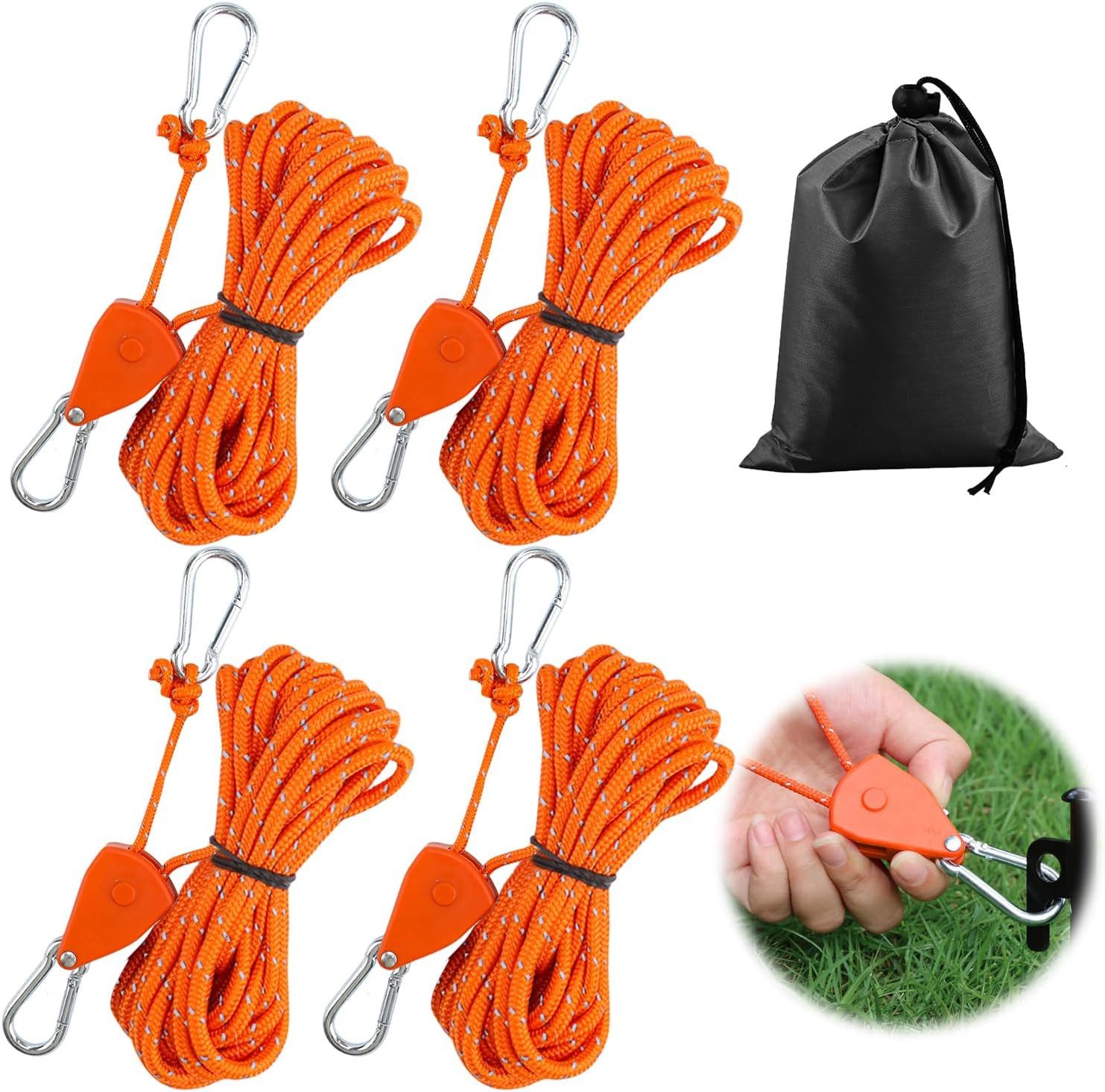 FELIXLEO Abschleppseil 4 STK 4mm Abspannseile 4m mit Seilspanner Reflektierend Orange (4-tlg)