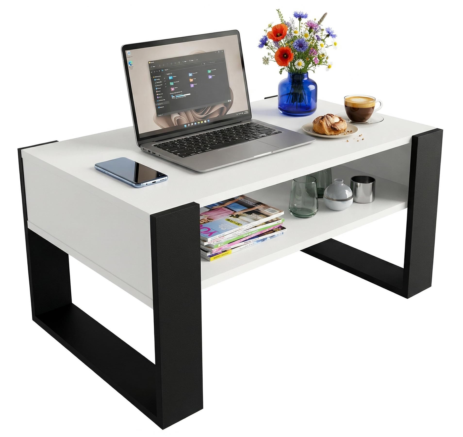 TREND WERK Couchtisch mit zusätzlicher Ablagefläche (65×53,6×45 cm - Wohnzimmertisch, Loft-Design, Ablagefach)