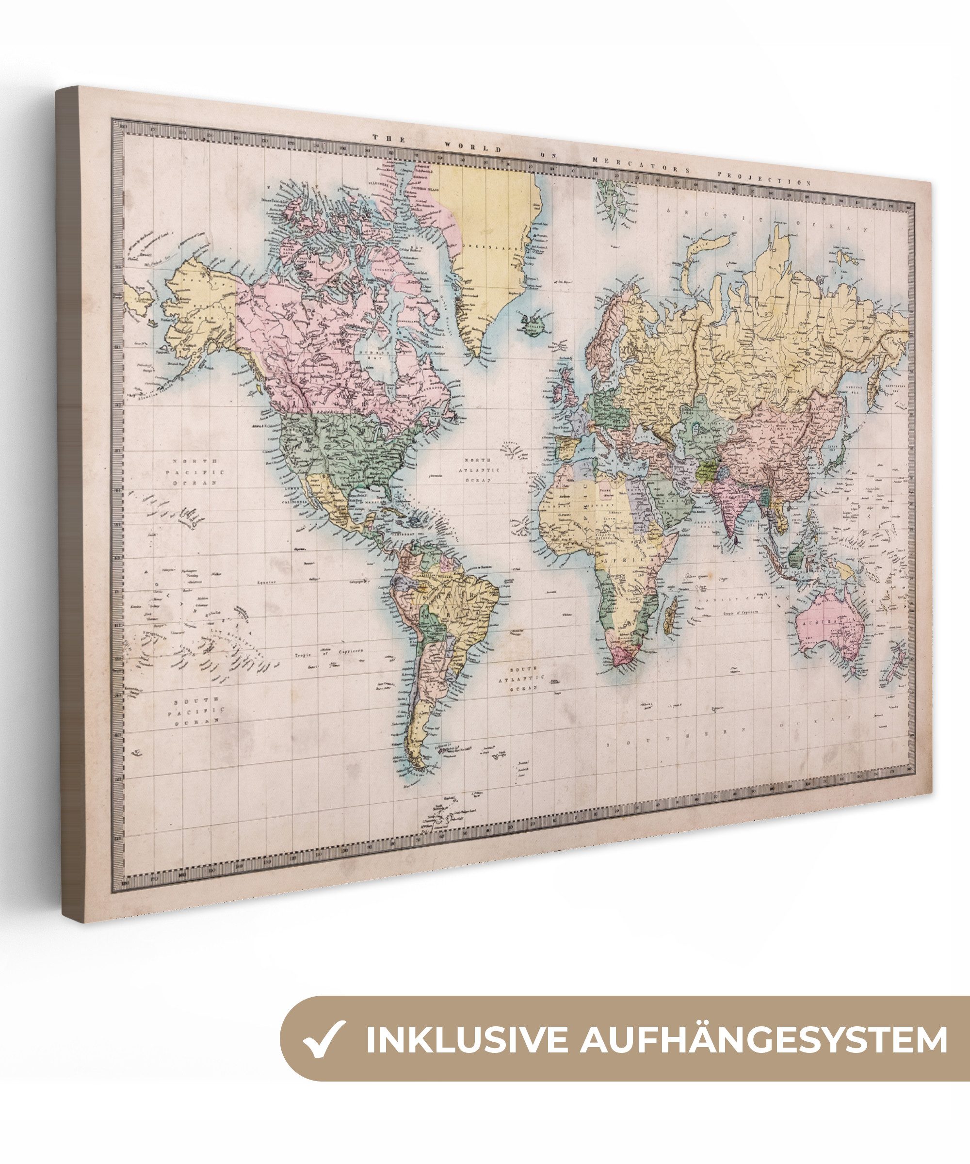 OneMillionCanvasses® Leinwandbild Weltkarte - Retro - Farben, Fotodruck (1 St), Leinwand Bilder Klein, Wand Dekoration Aesthetic 30x20 cm