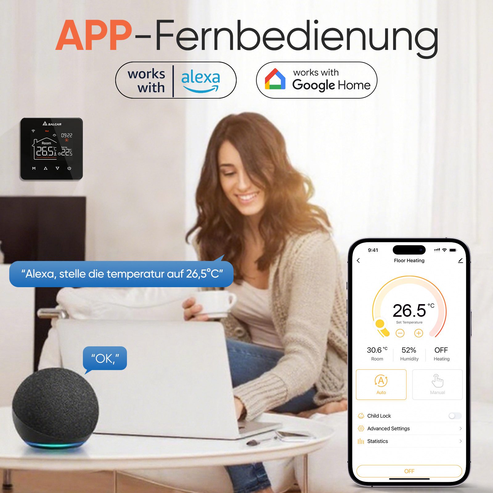 Salcar Heizkörperthermostat WiFi Thermostat Heizung Smart für Wasser Fußbodenheizung, LCD Digital Fussbodenheizung, Programmierbarer