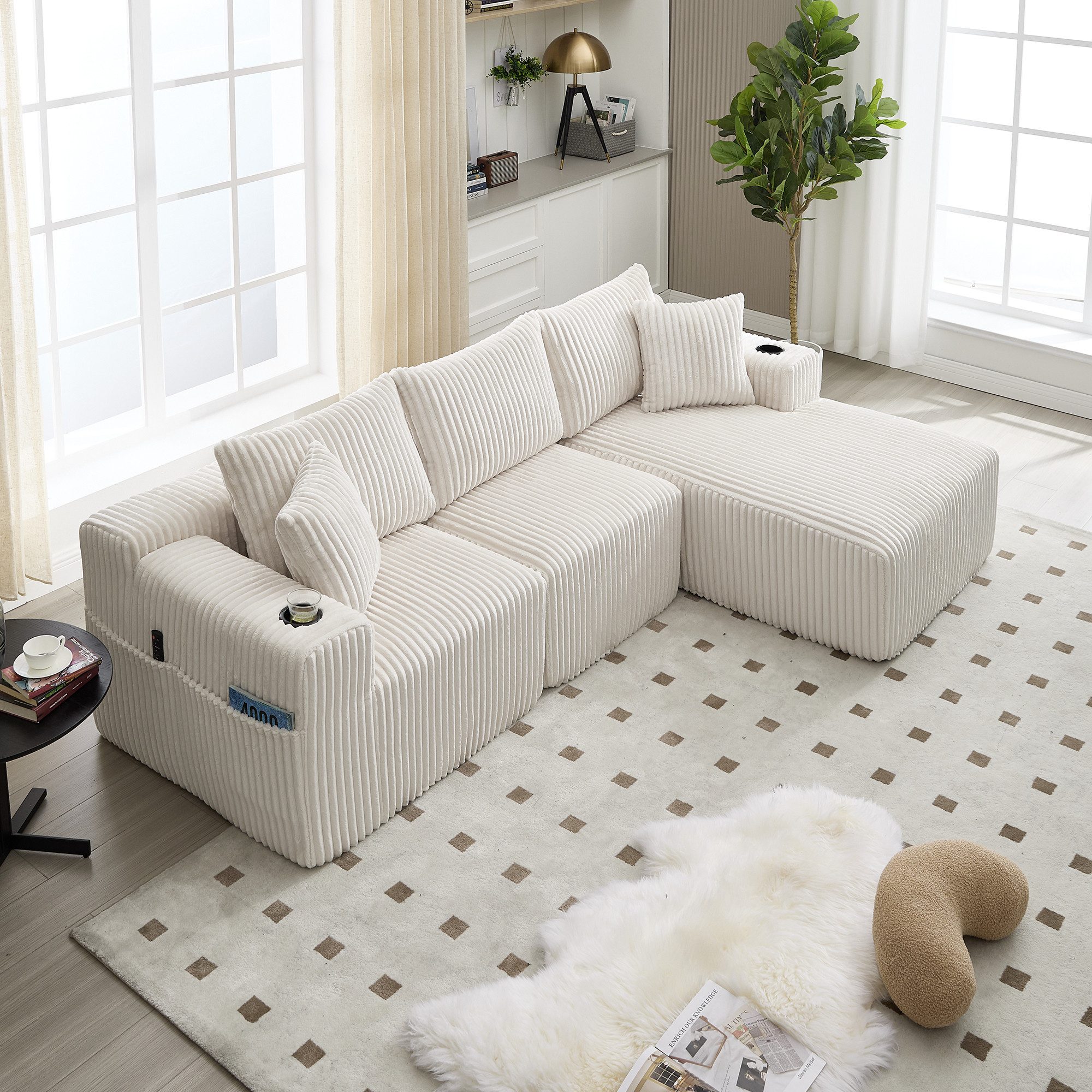 KLAM HOME Sofa Modulares Sofa Set mit Chaiselongue & 2-Sitzer, weicher Cordbezug, mit 5 Kissen, seitliche Taschen & Getränkehalter, DIY-Kombination, Ideal für Wohnzimmer, Apartment & Studio