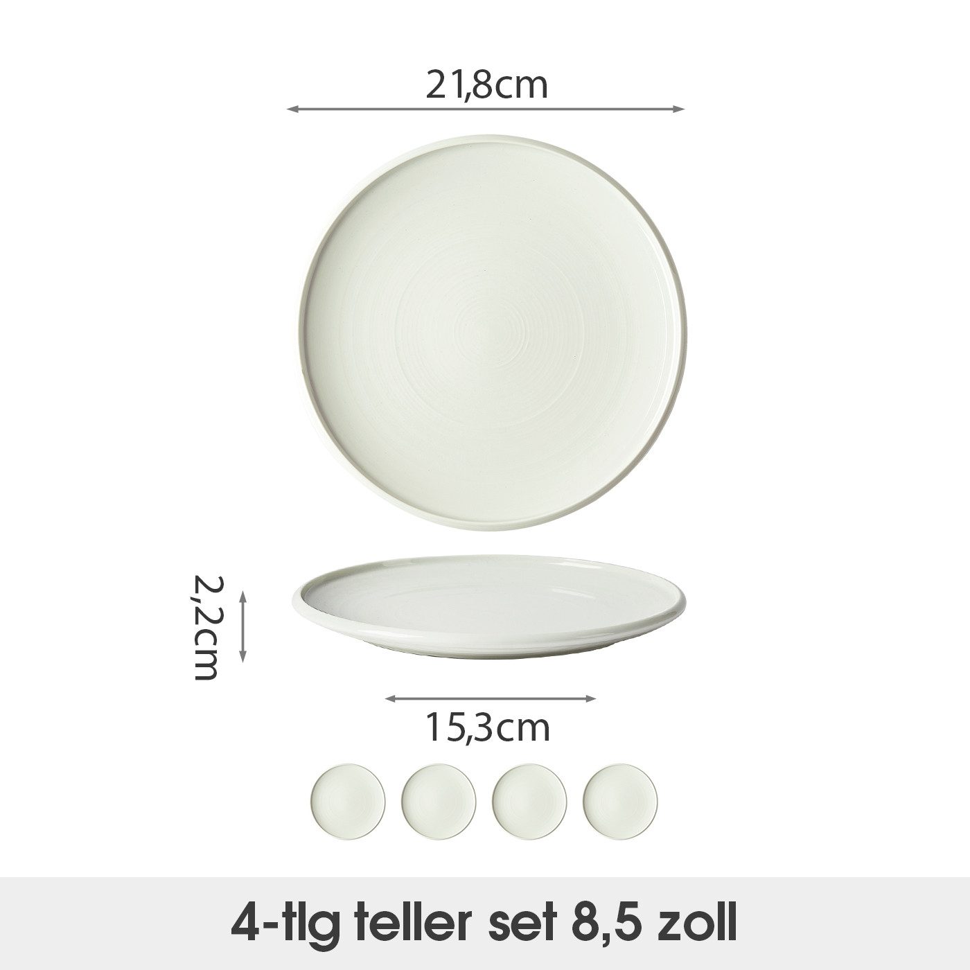 JIWOO Speiseteller 4er Ø21,8cm, Frühstücksteller Pastateller Teller Brotteller Plate, (4 St), Hochwertiges Tellerset Weiß Mikrowellenofen Spülmaschine Ø 21,8cm