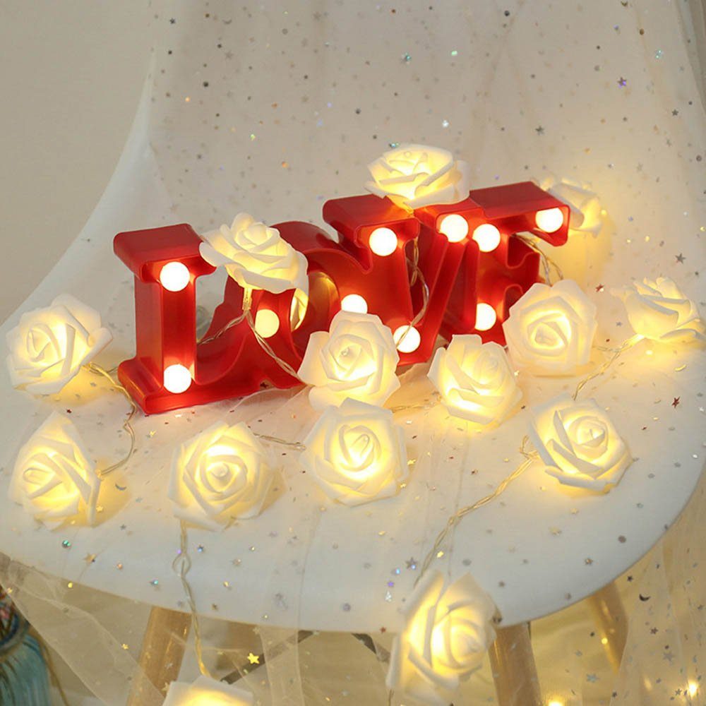 MUPOO Girlande,Kunstblume Rose,LED Rose für Garten LED-Lichterkette Nachtlicht Party Weihnachten,Blumengirlande LED 3M Warmweiß,Batterie, Dekolicht 20LEDs