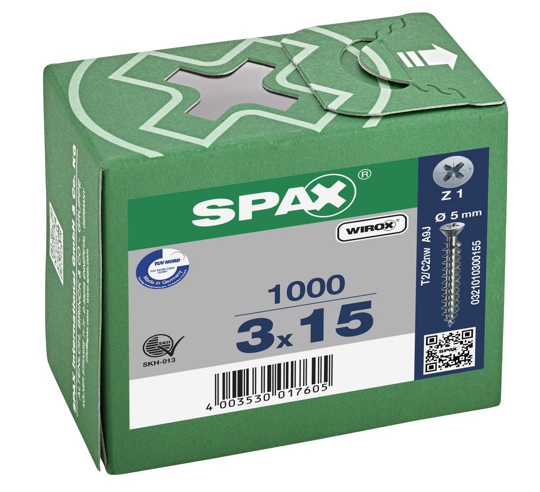 SPAX Spanplattenschraube Universalschraube, (Stahl weiß St), 3x15 1000 mm verzinkt