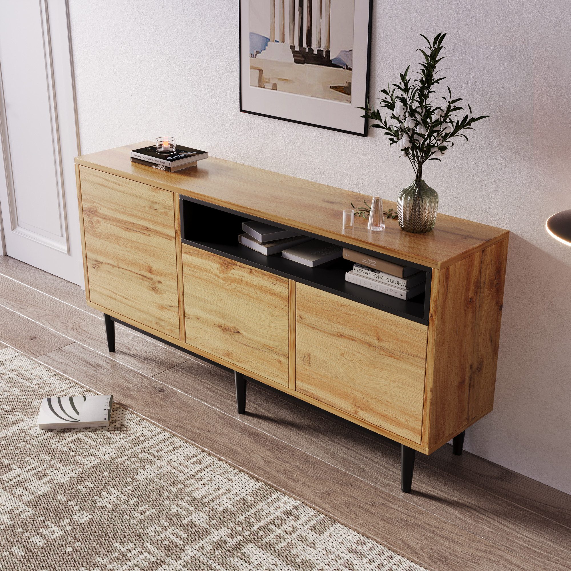 Merax Sideboard im Landhausstil mit Metallfüße, Anrichte aus Holz mit verstellbaren Einlegböden,Kommode,B:160cm – Bild 4 von 5