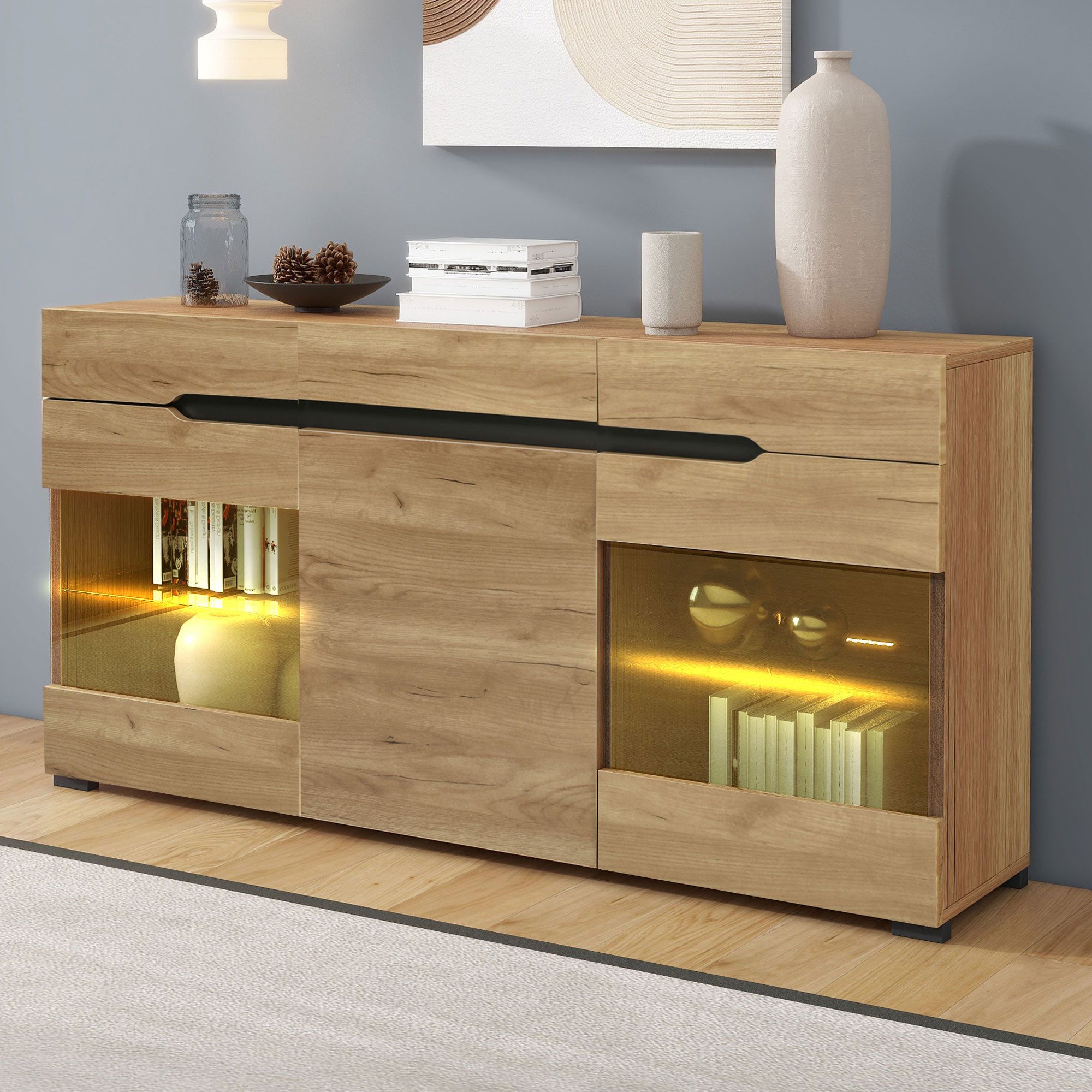 Merax Sideboard Wildeiche Farbe mit LED, Anrichte mit Glasablage, Kommde mit 3 Schubladen und 6 Fächern,B/H/T: 140/80/35cm