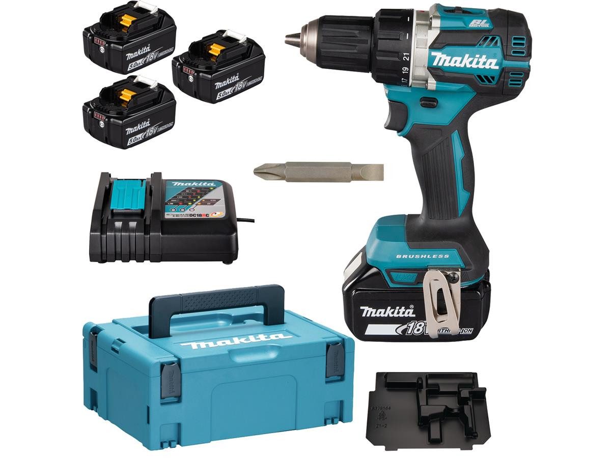 Makita Akku-Bohrschrauber DDF484RT3J, 18 V, max. 2000 U/min, (Set, 11-tlg., inkl. 3x 5,0 Ah Akkus Li-Ion + Ladegerät DC18RC)