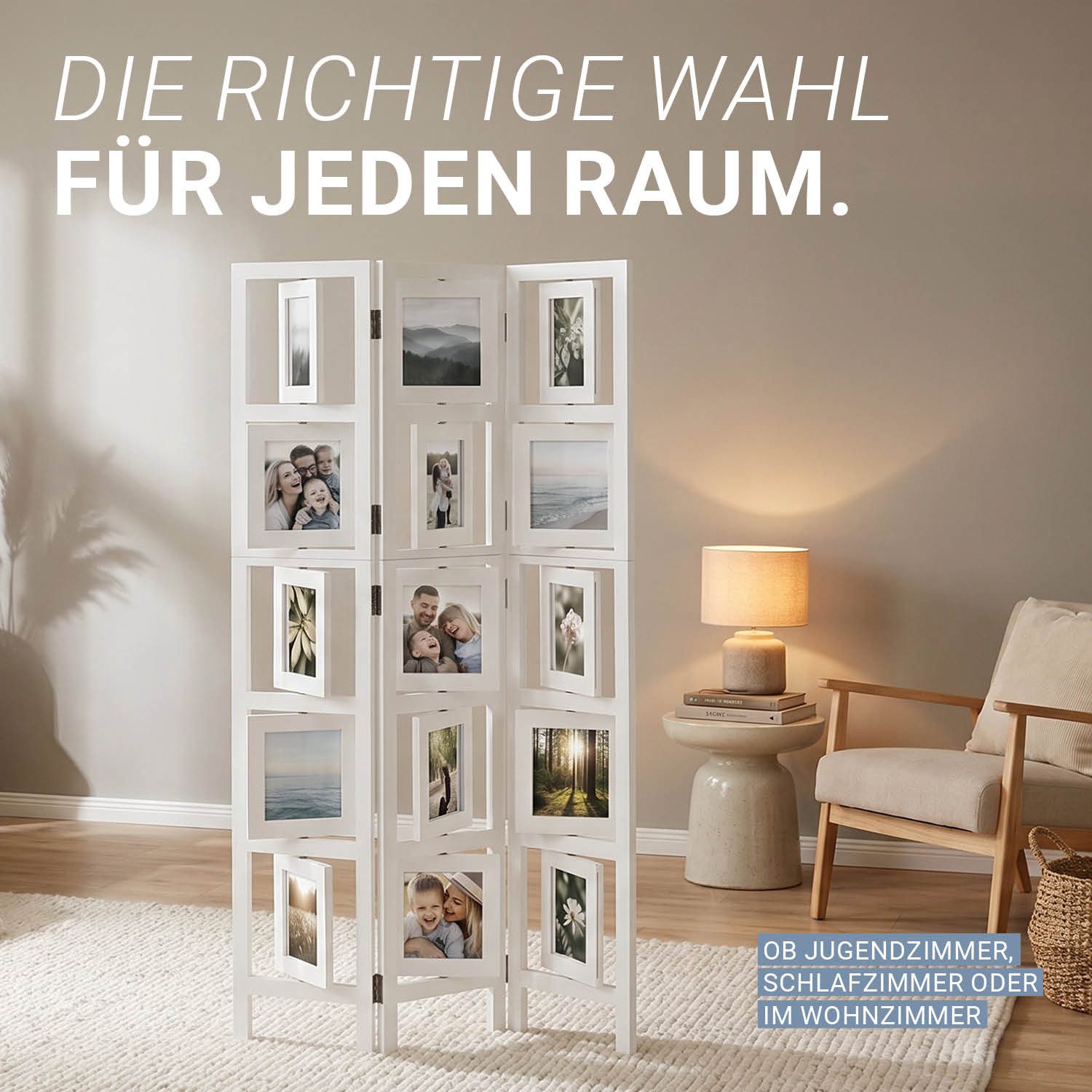Homestyle4u Paravent Raumteiler Holz Trennwand Fotowand Indoor Sichtschutz faltbar Fotos (3-teilig), Weiß, Einzelelemente 360 Grad drehbar