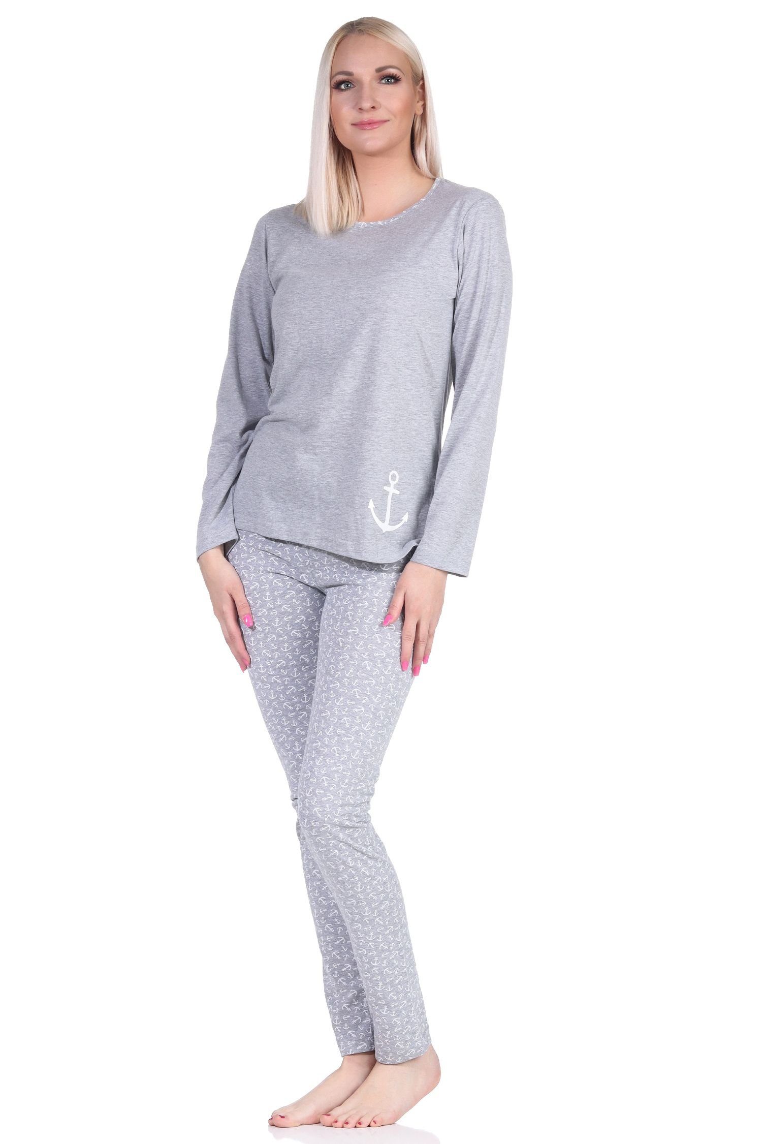 RELAX by Normann Pyjama Damen langarm Schlafanzug in zeitlosem maritimen Look - 112 10 712 grau