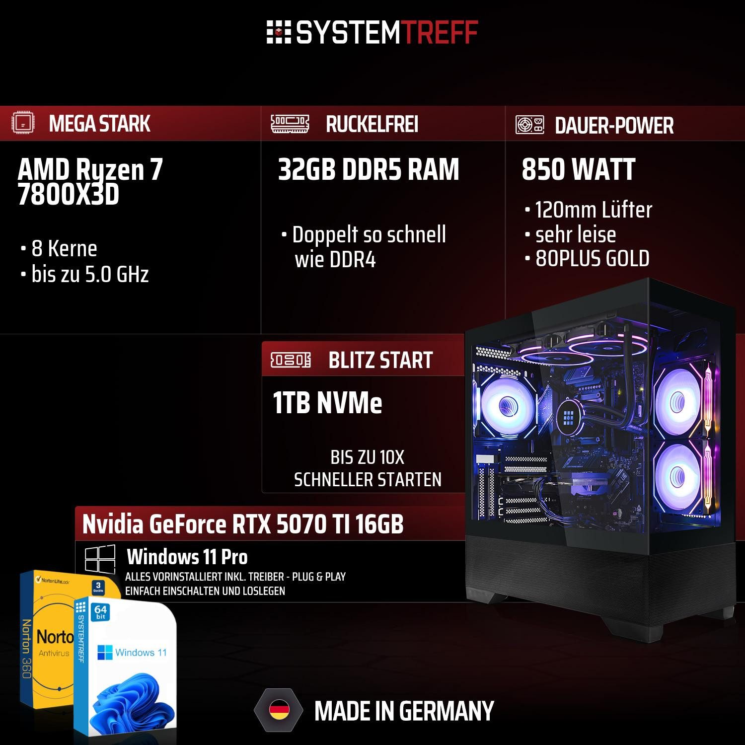 SYSTEMTREFF AMD Ryzen 7 7800X3D mit Nvidia GeForce RTX 5070 TI 16GB Gaming-PC (AMD 7800X3D 7800X3D, Nvidia GeForce RTX 5070 Ti, 32 GB RAM, 1000 GB SSD, Wasserkühlung)