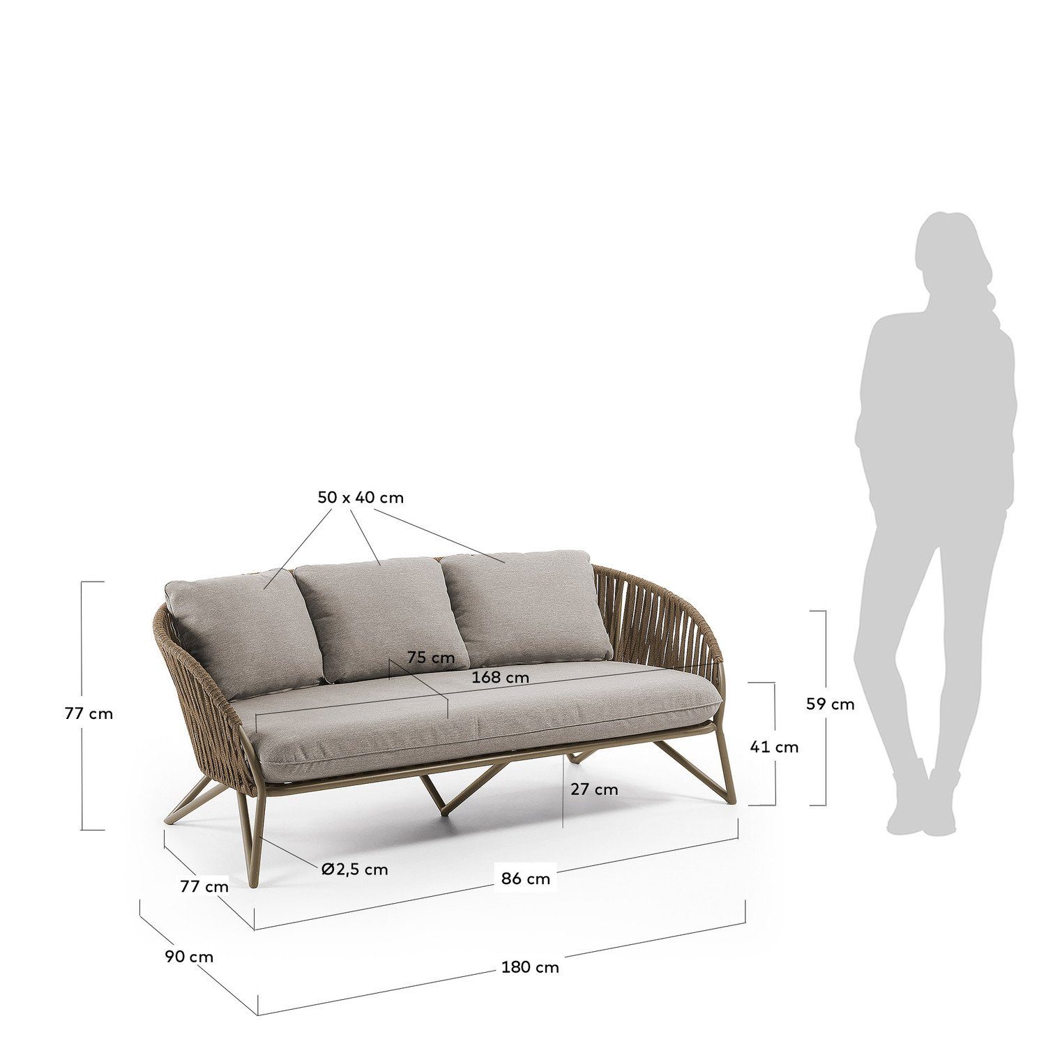 3-Sitzer 180cm Natur24 braunes Sofa Couch Branzie Seil Sofa Sitzgarnitur