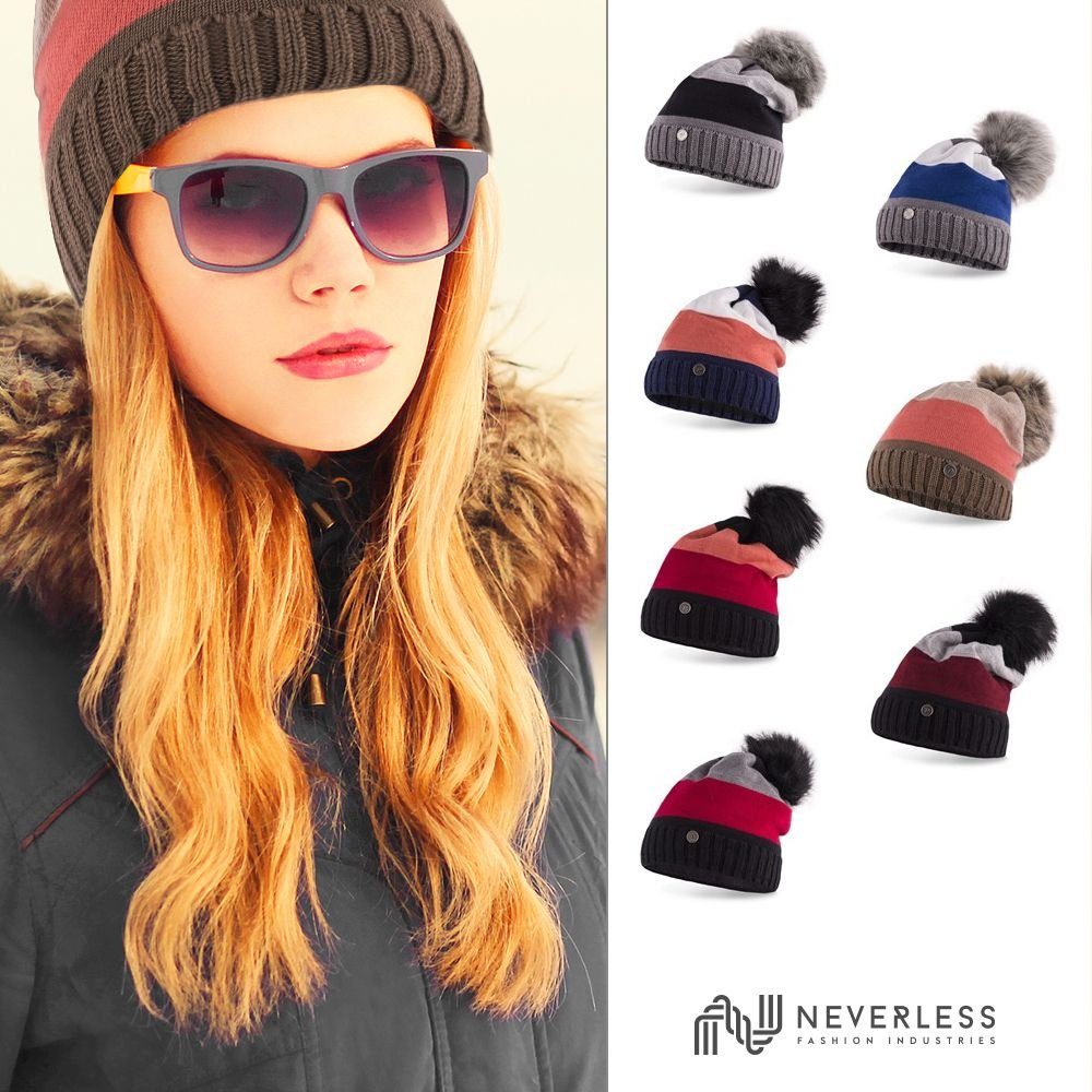 Neverless Bommelmütze Damen Strickmütze gefüttert gestreift Kunstfell-Bommel Strick-Beanie