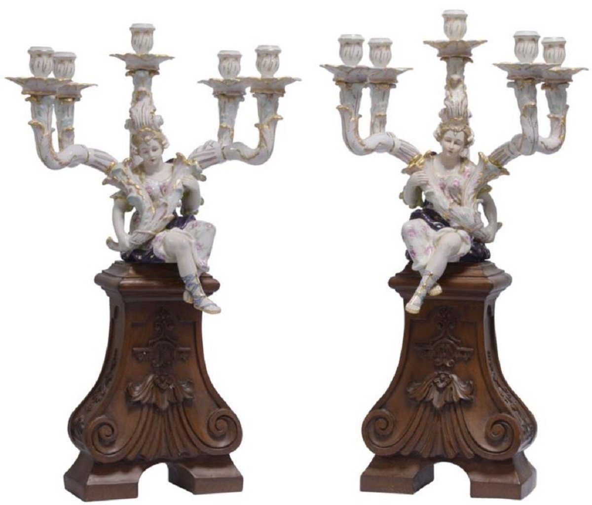 Casa Padrino Kerzenhalter Jugendstil Kerzenhalter Set Weiß / Braun 35 x 26,6 x H. 68,7 cm - Porzellan Kerzenständer mit Dekofigur und Holzsockel